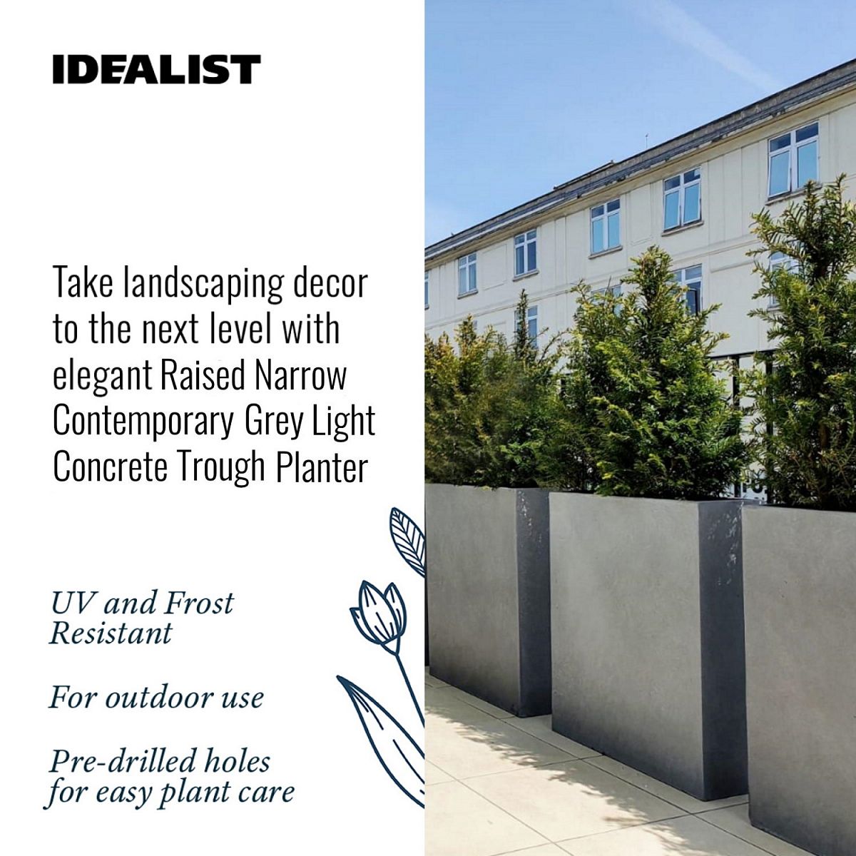 IDEALIST Lite Narrow Contemporary Light Concrete Trough Planter