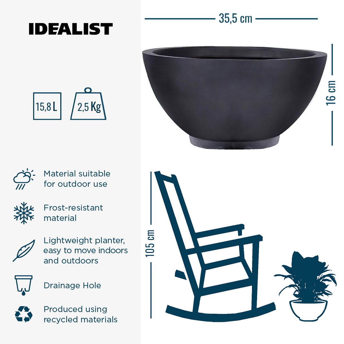 IDEALIST Lite Dish Style Smooth Bowl Outdoor Planter