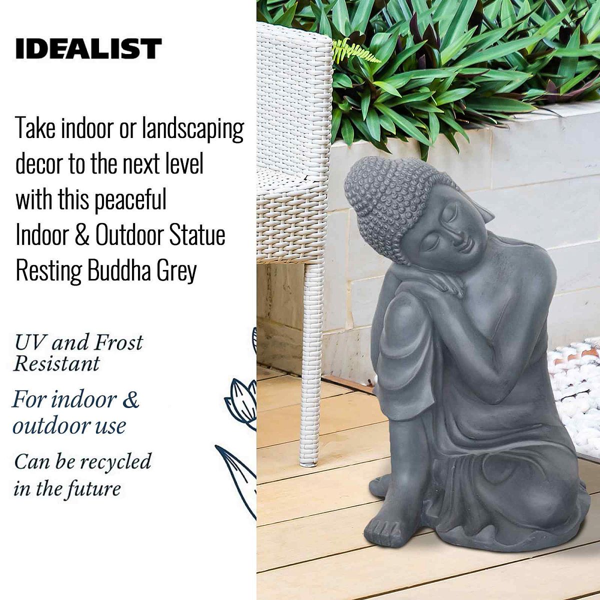 IDEALIST Lite Resting Buddha Grey Indoor and Outdoor Statue L35.5 W34 H50.5 cm
