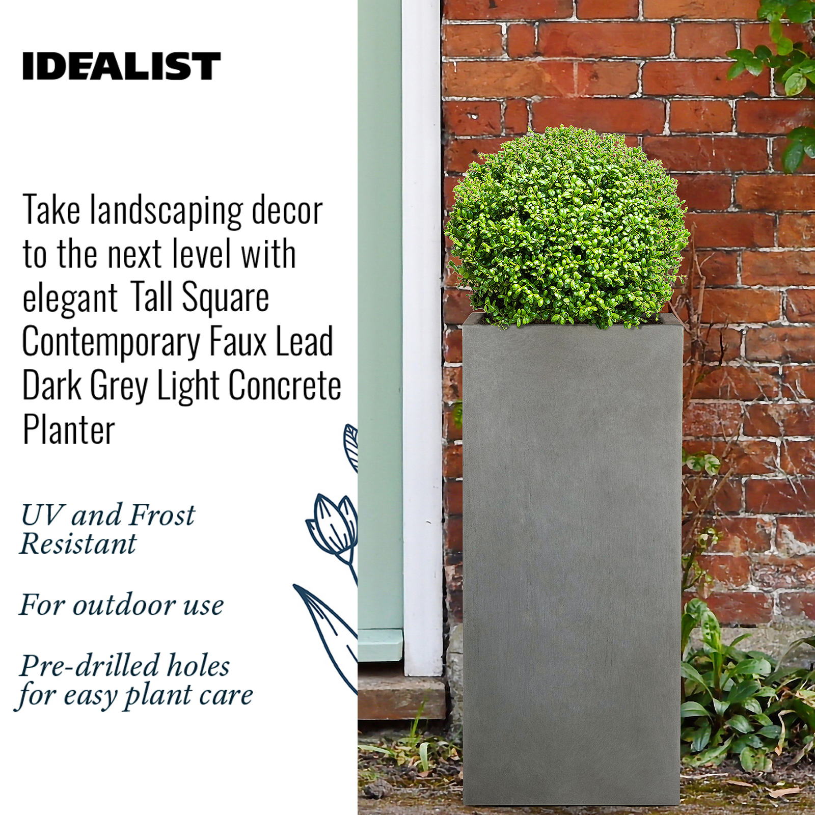 IDEALIST Lite Tall Square Contemporary Light Concrete Planter
