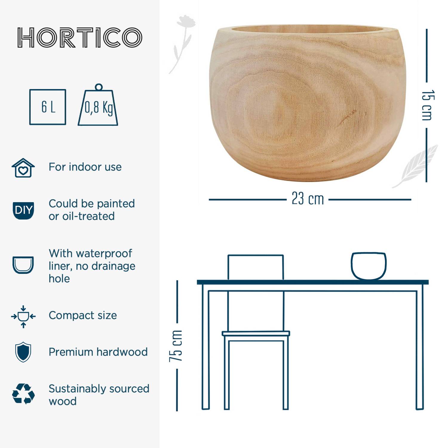 HORTICO ECO Wooden House Planter Round Indoor Plant Pot for House Plants with Waterproof Liner