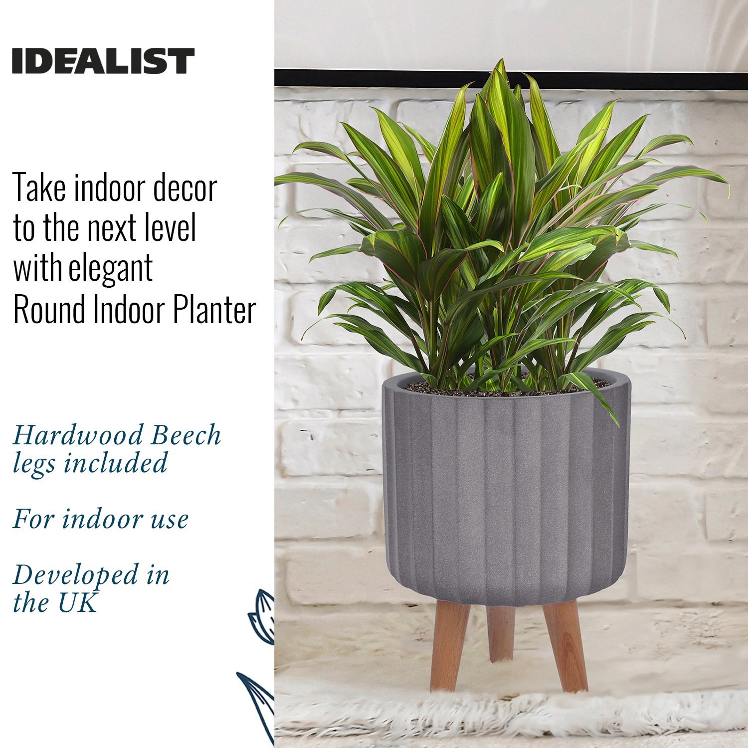 IDEALIST Lite Modern Ribbed Cylinder Planter on Legs, Round Pot Plant Stand Indoor