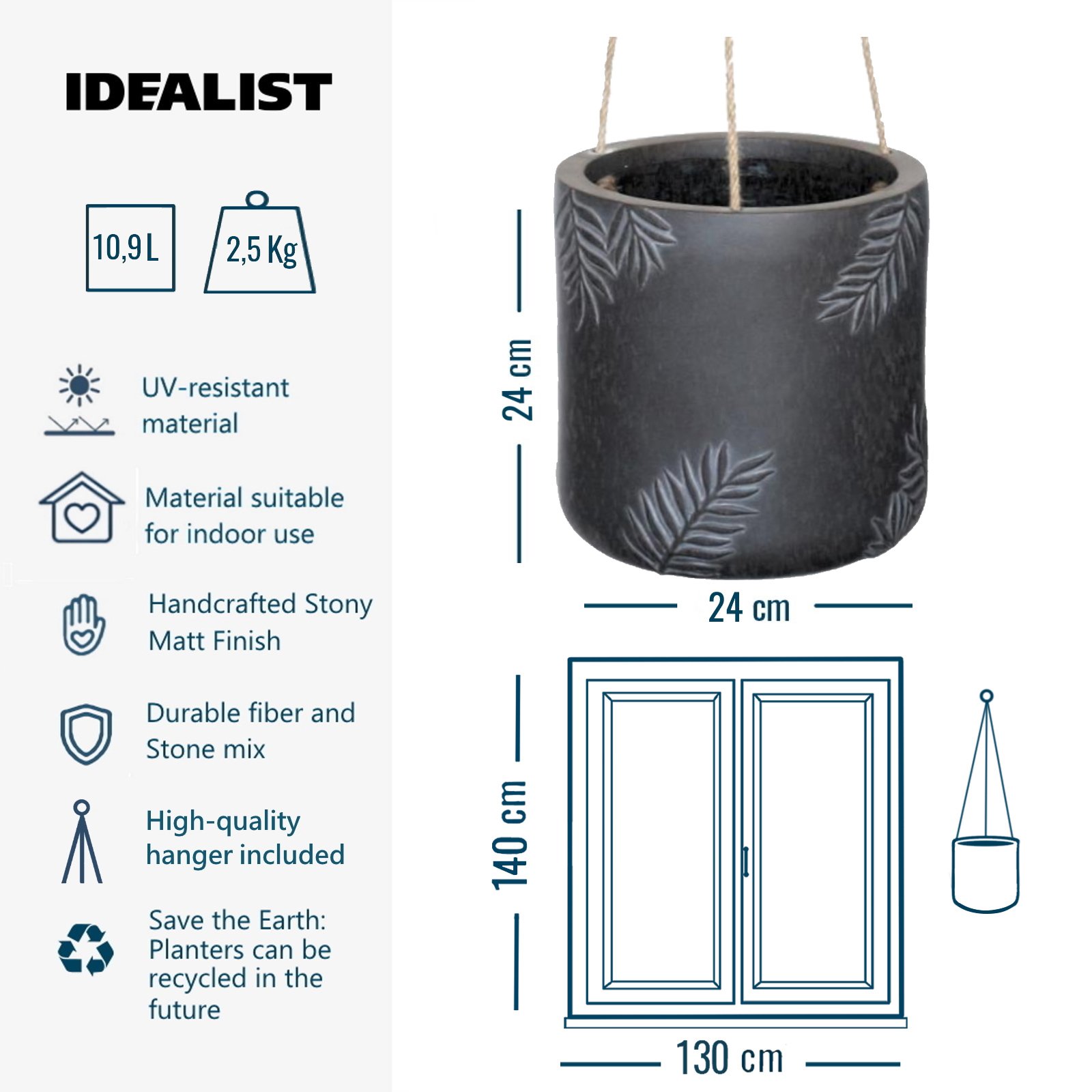 IDEALIST Lite Leaf Embossed Table Indoor Cylinder Round Plant Pot