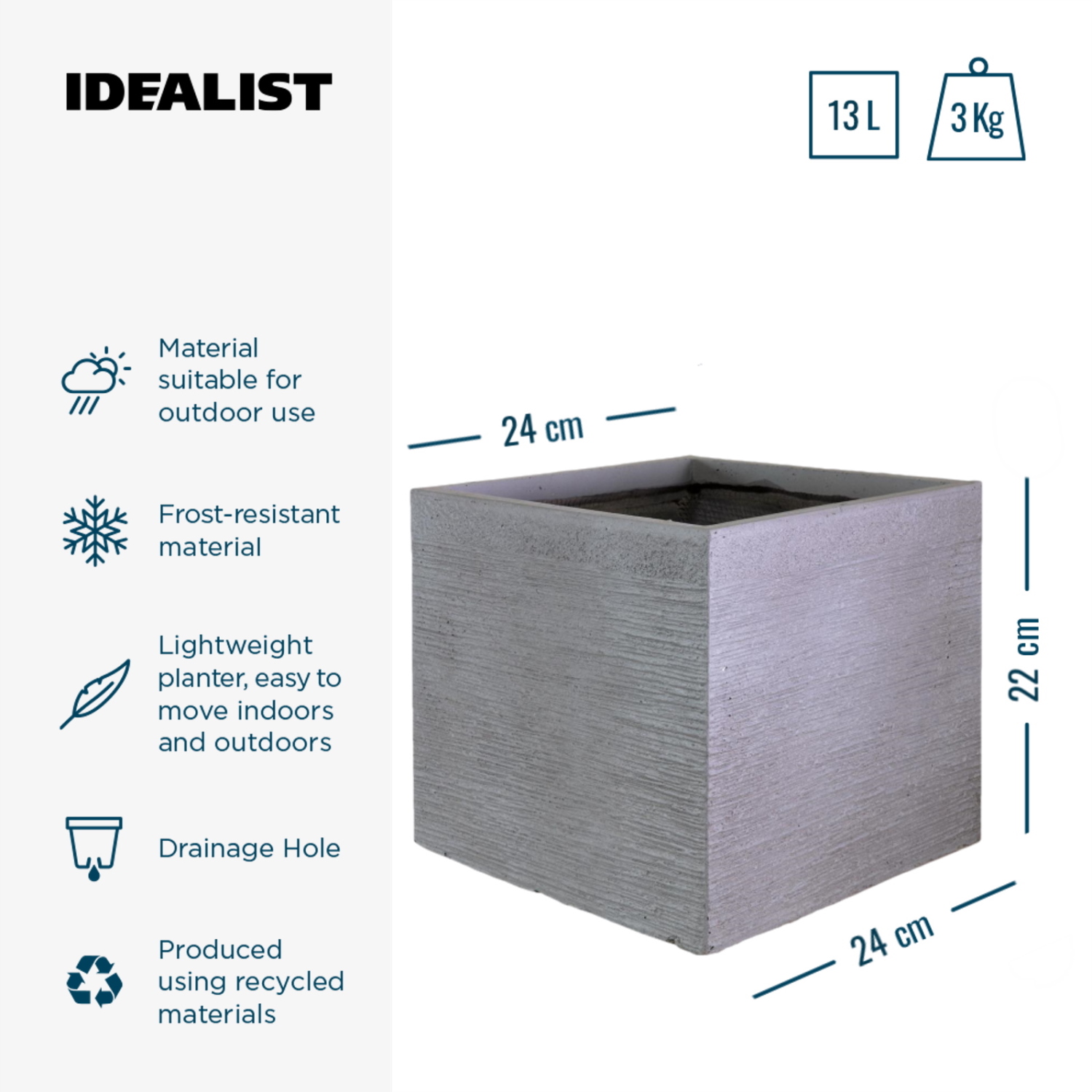 IDEALIST Lite Ribbed Light Concrete Square Planter