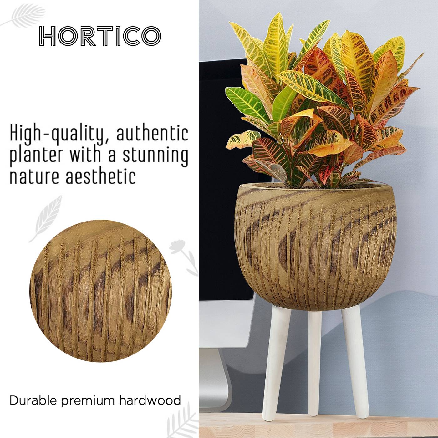 HORTICO RIBBED Wooden House Planter with Legs, Tall Indoor Plant Pot Stand with Waterproof Liner
