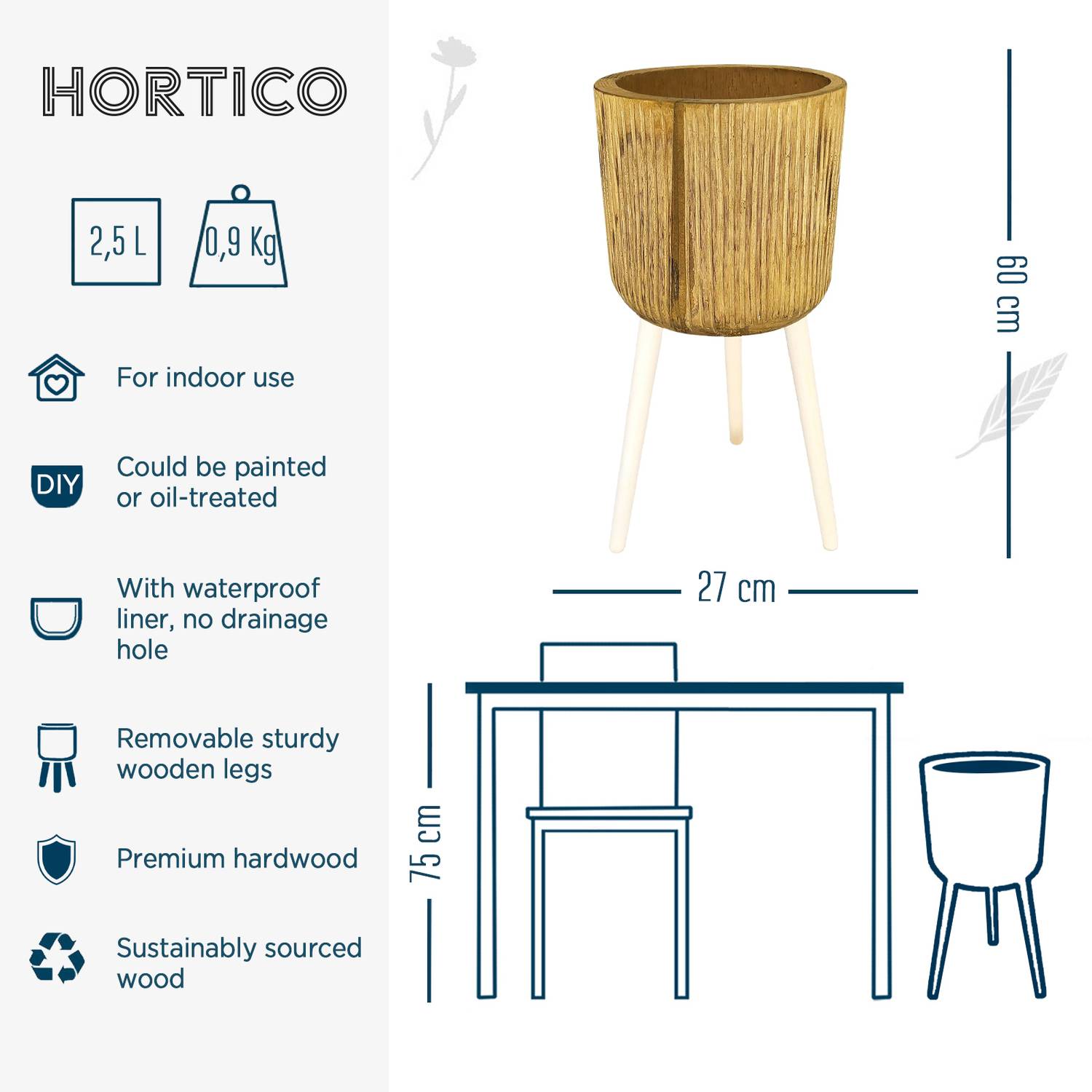 HORTICO RIBBED Wooden House Planter with Legs, Tall Indoor Plant Pot Stand with Waterproof Liner