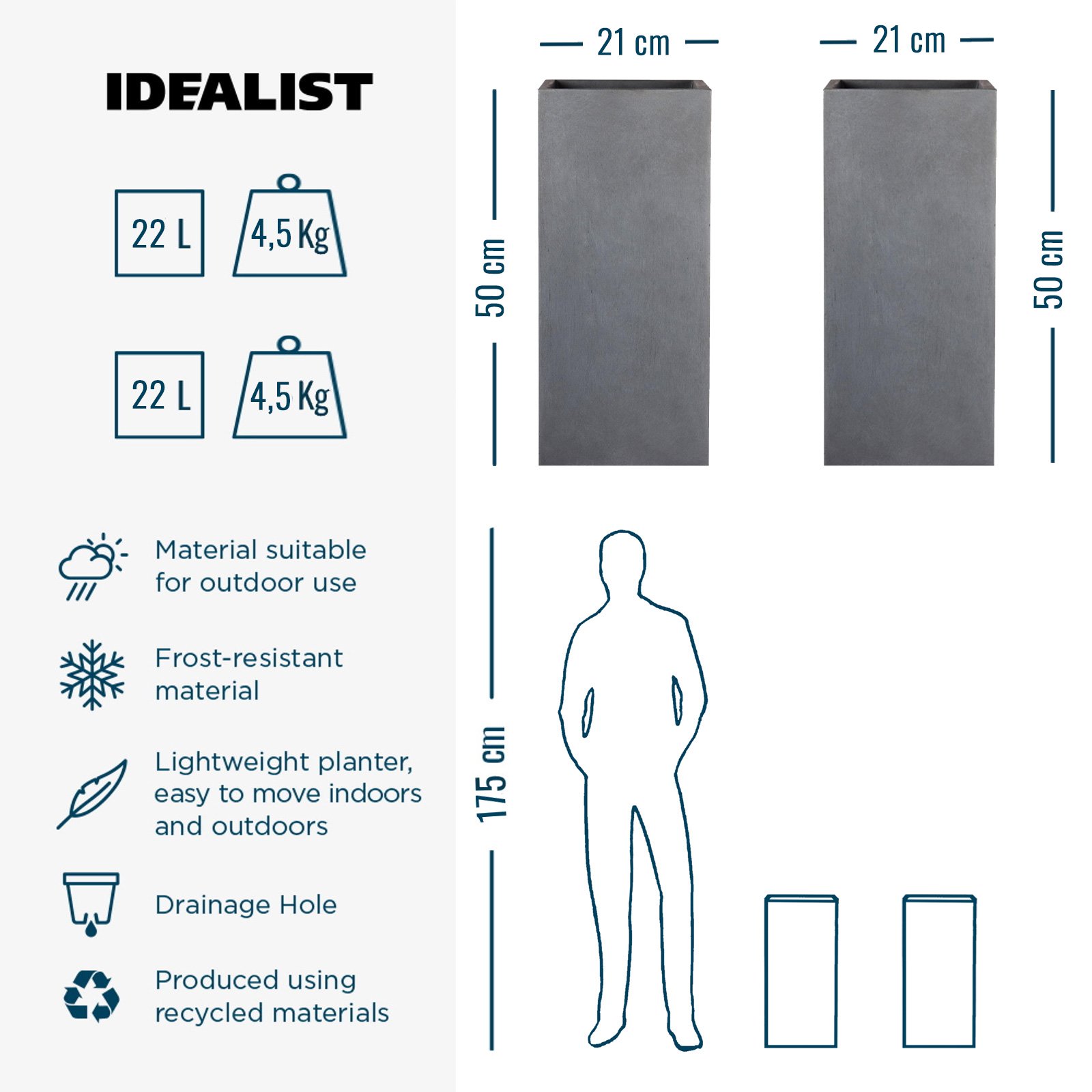 IDEALIST Lite Tall Square Contemporary Light Concrete Planter Set