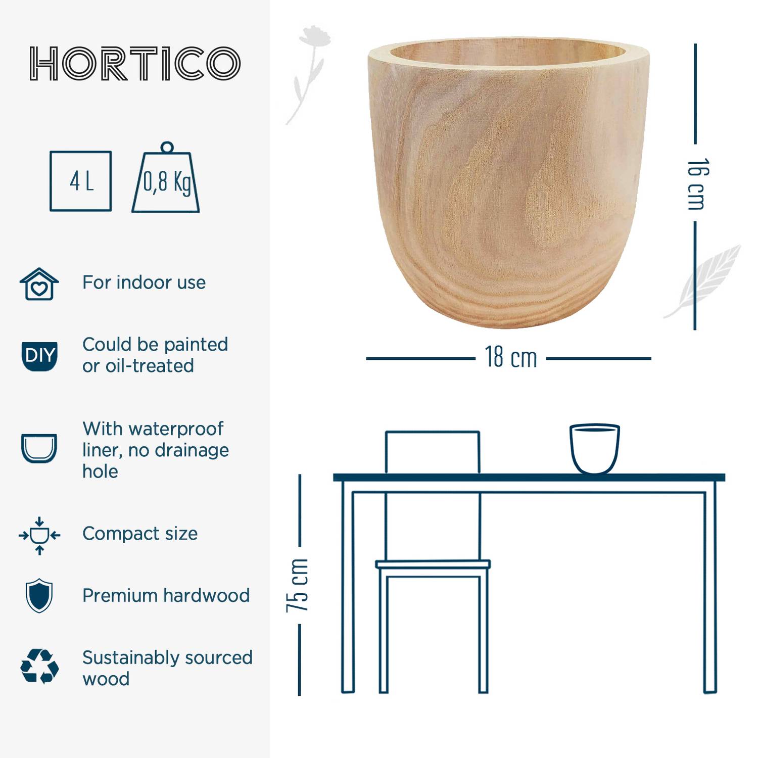 HORTICO RADIAL Wooden House Planter Round Indoor Plant Pot for House Plants with Waterproof Liner