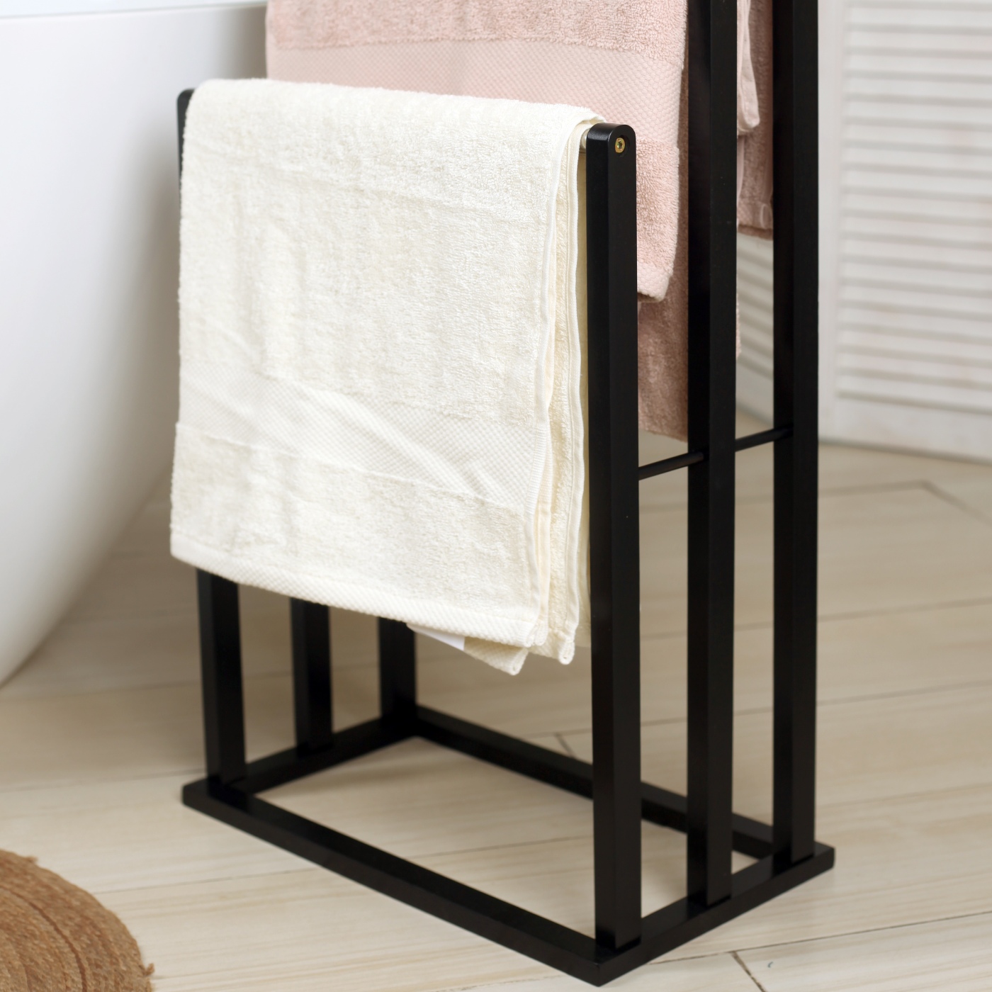 Froppi Bamboo Free Standing Towel Rack, Wooden Towel Holder and Ladder with 3 Bars