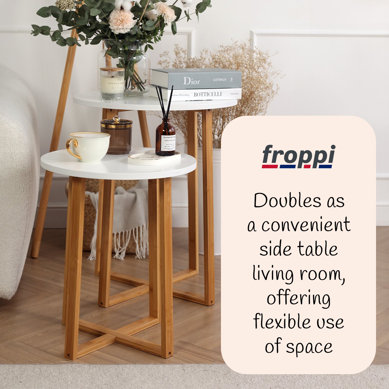 Froppi Small Round Coffee Table for Living Room White Wood Cocktail Table on Natural Bamboo Frame