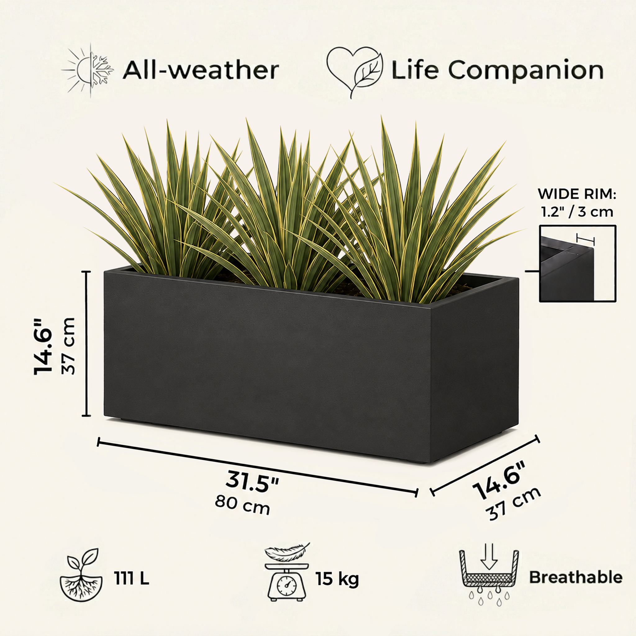 IDEALIST Lite Contemporary Light Concrete Trough Planter