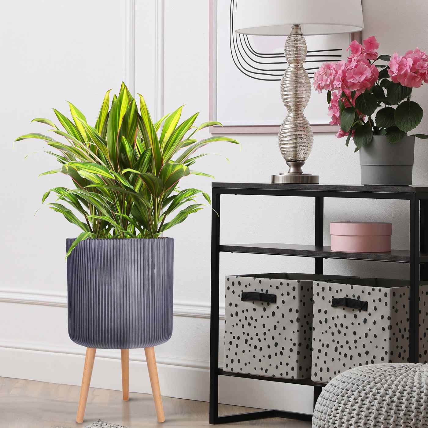 IDEALIST Lite Ribbed Cylinder Planter on Legs, Round Pot Plant Stand Indoor