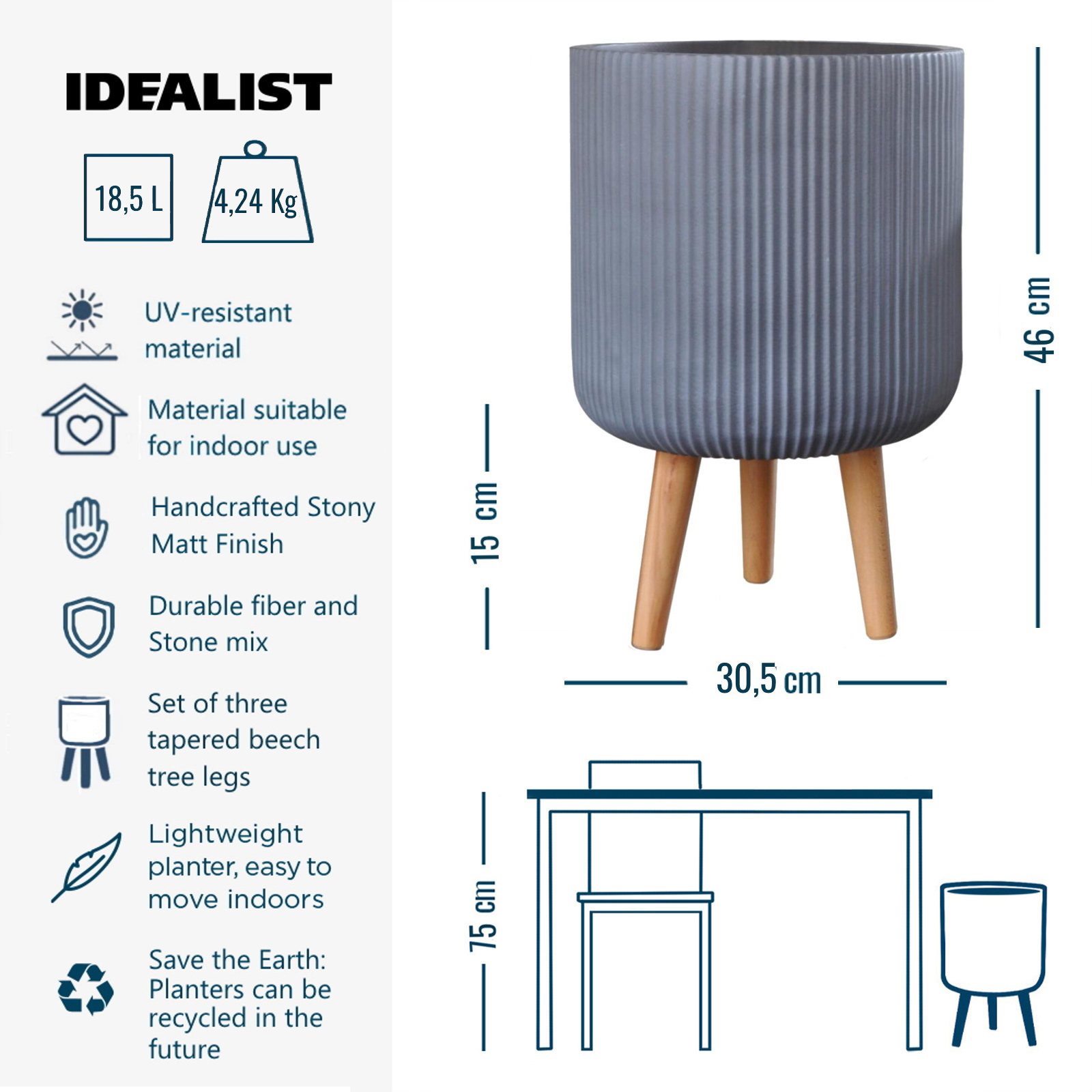 IDEALIST Lite Ribbed Cylinder Planter on Legs, Round Pot Plant Stand Indoor