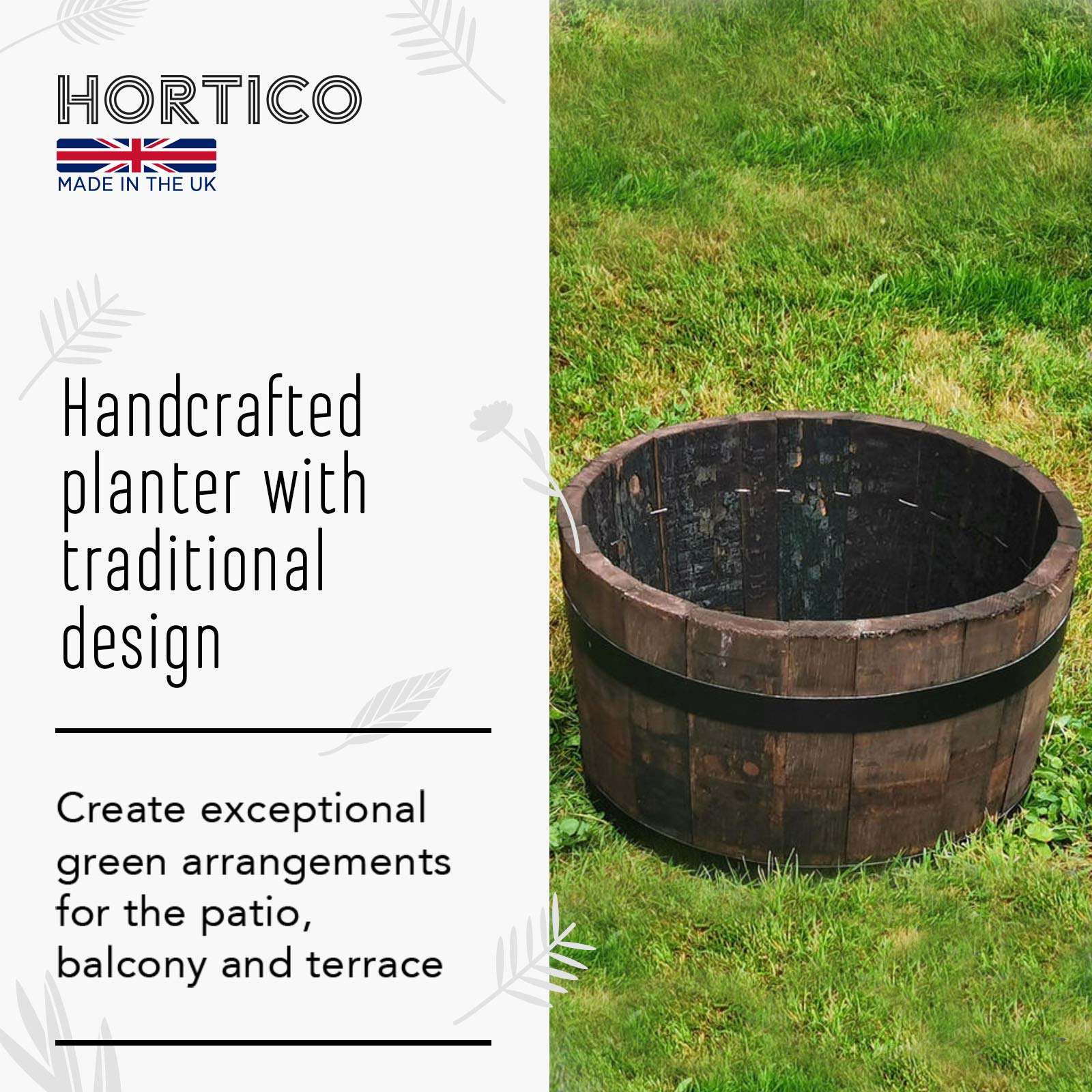 Rustic Upcycled Oak Wood Round Tub Half Barrel Outdoor Planter Made in UK by HORTICO