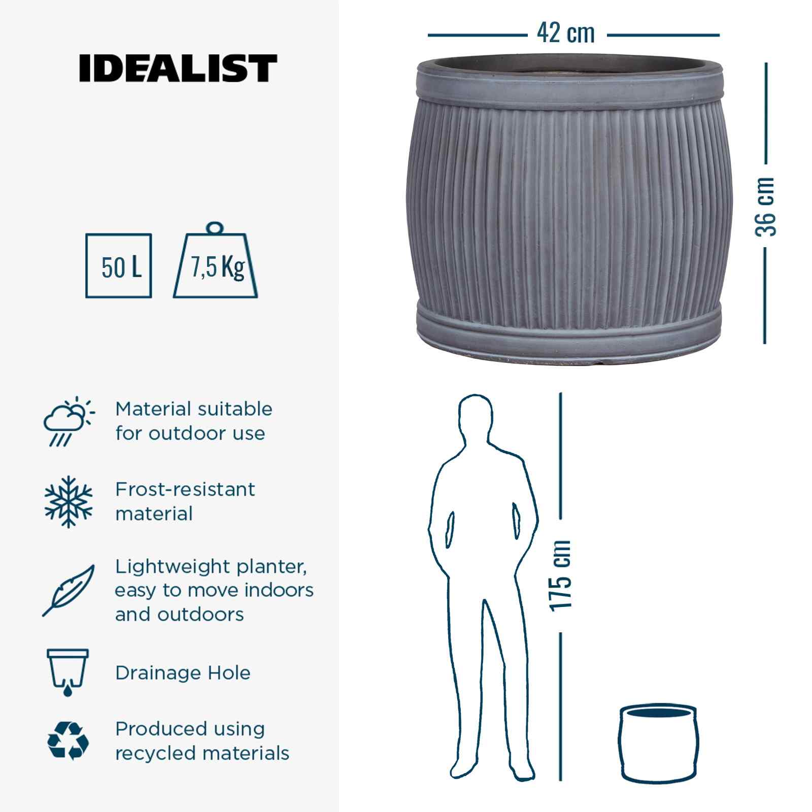 IDEALIST Lite Vertical Ribbed Vintage Style Barrel Round Planter