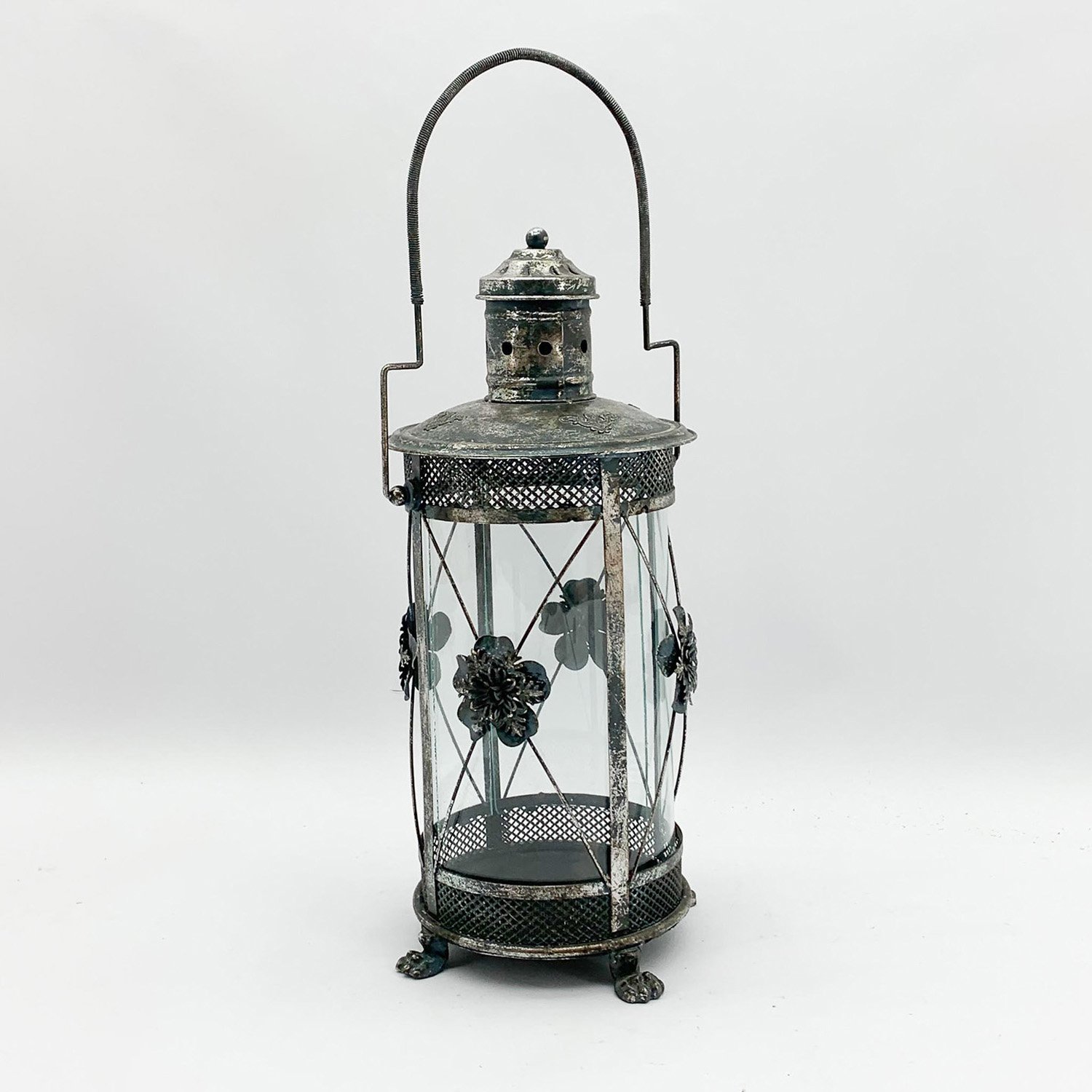 Cylinder Metal Flower Pattern Garden Dark Silver Lantern by Minster