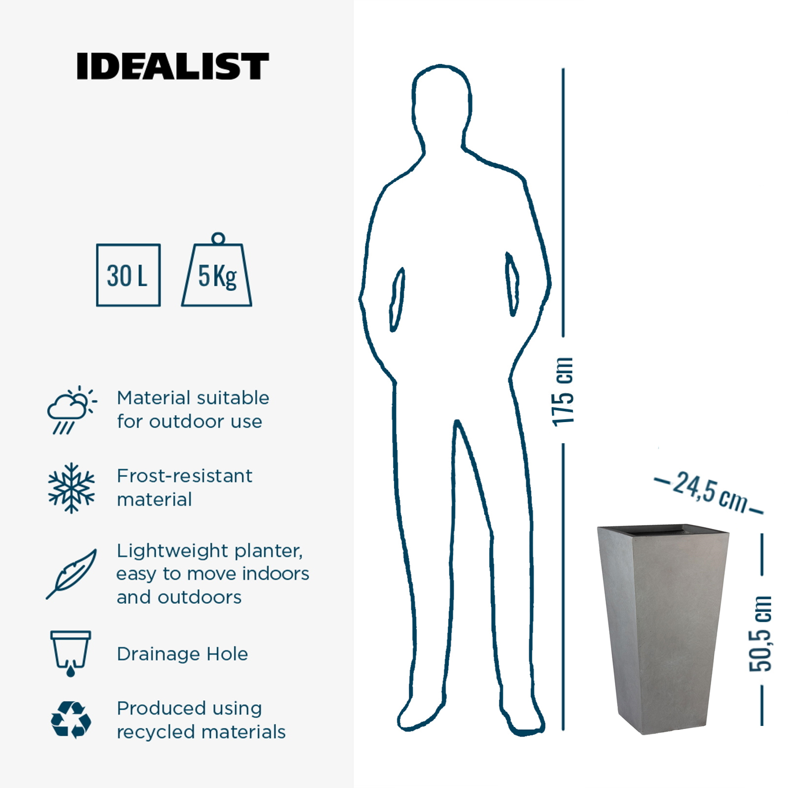 IDEALIST Lite Tall Tapered Contemporary Light Concrete Planter