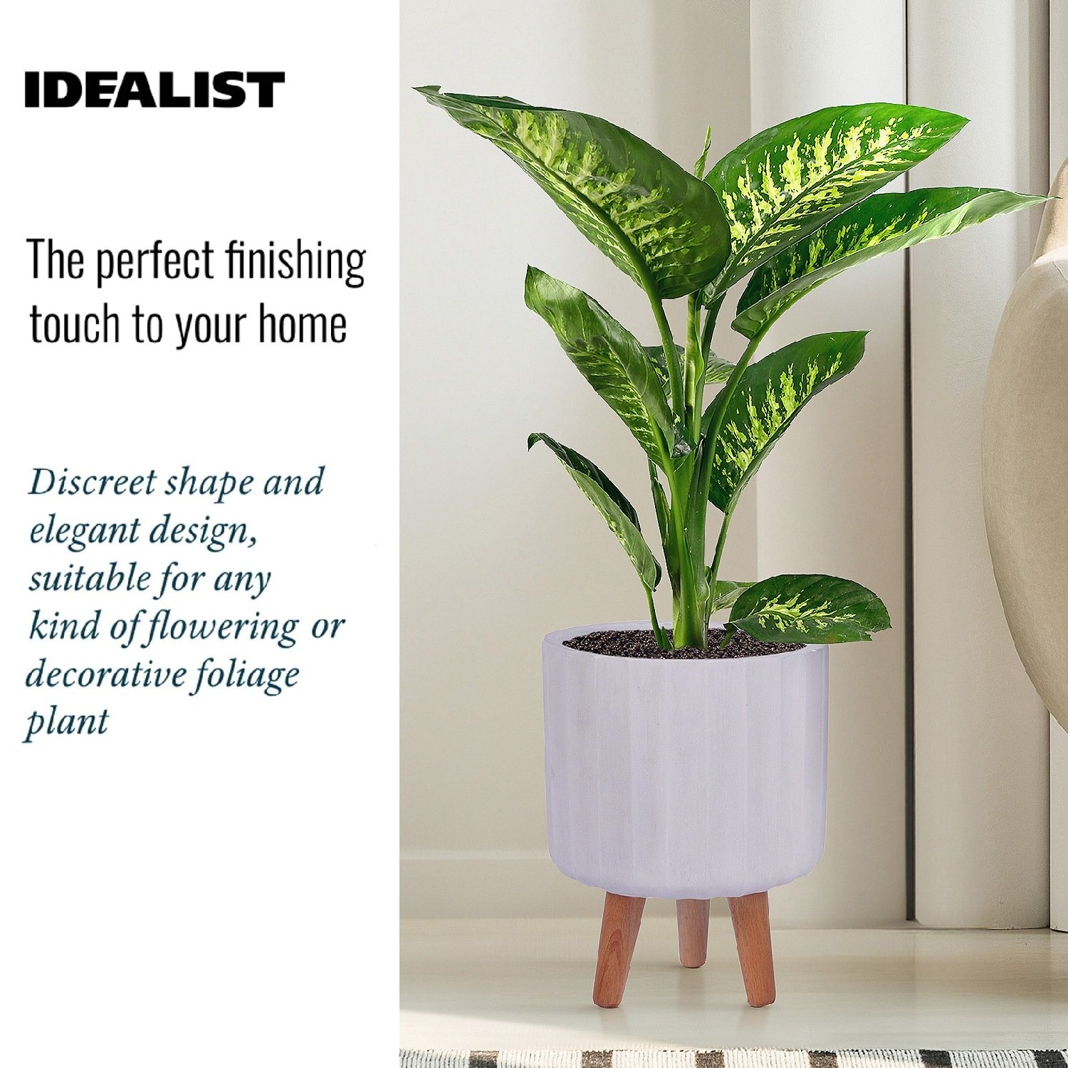 IDEALIST Lite Modern Ribbed Cylinder Planter on Legs, Round Pot Plant Stand Indoor