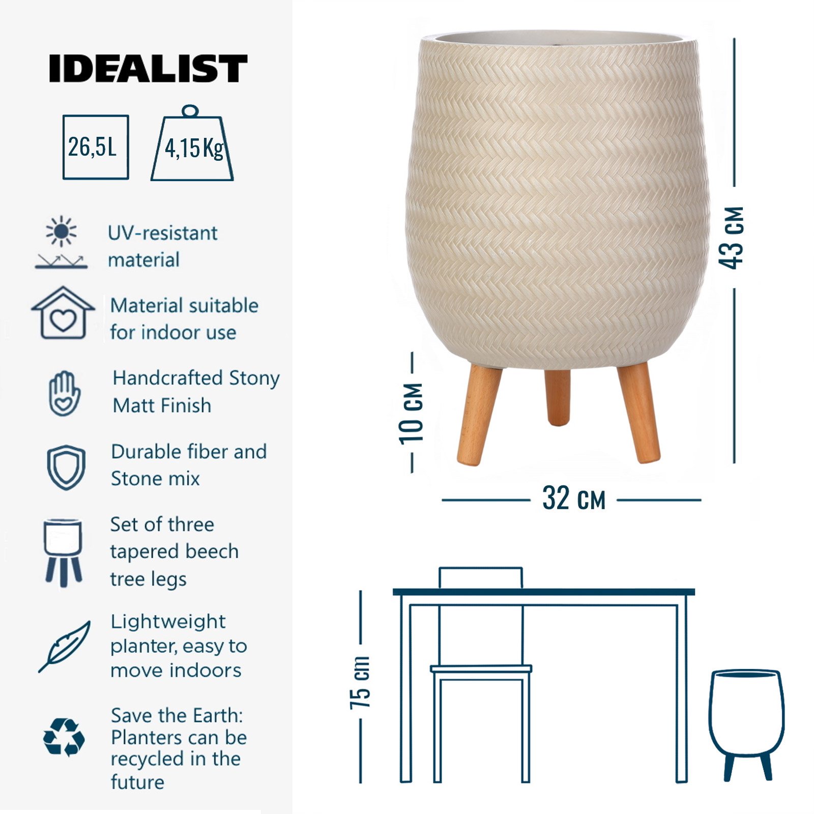 IDEALIST Lite Plaited Style Egg Planter on Legs, Round Pot Plant Stand Indoor
