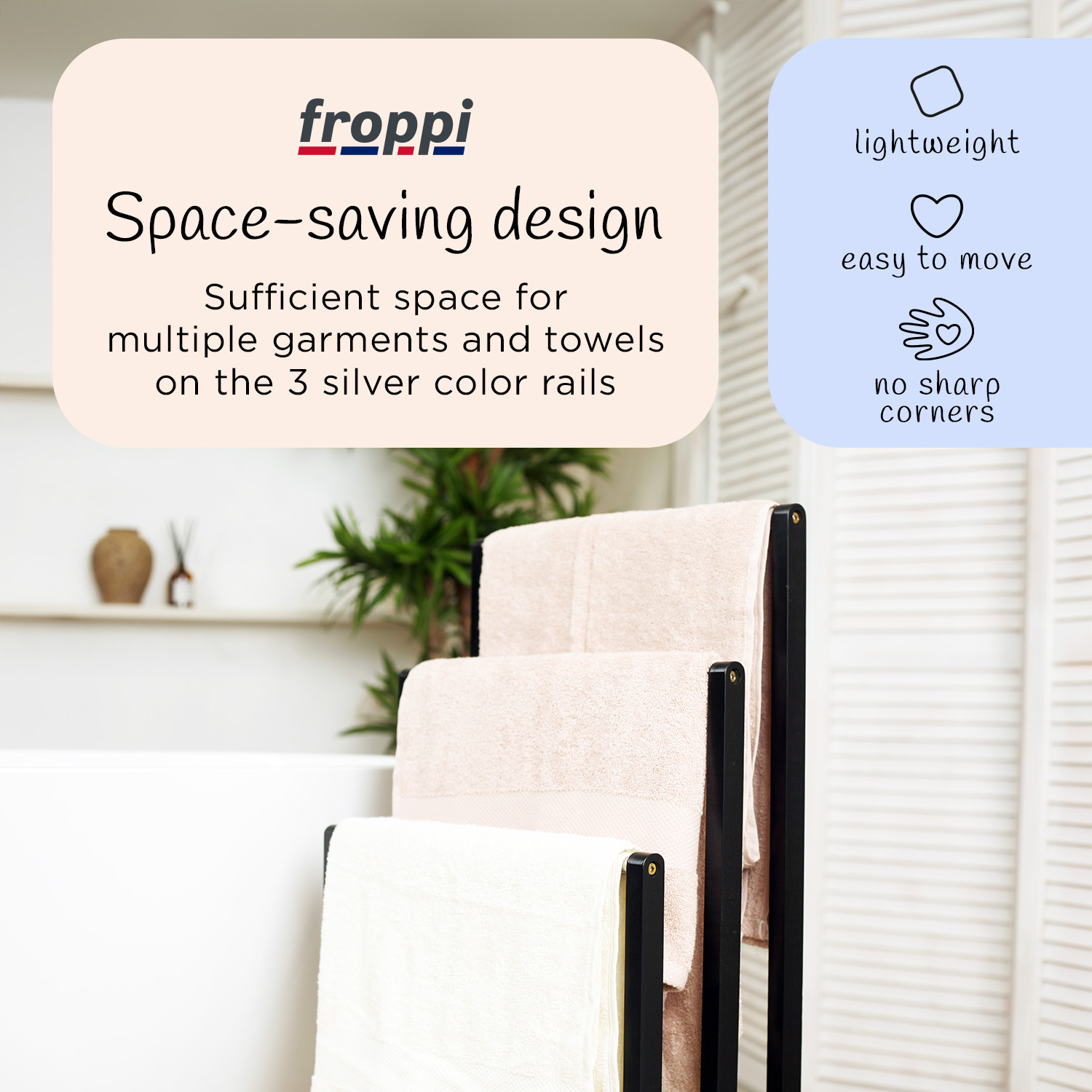 Froppi Bamboo Free Standing Towel Rack, Wooden Towel Holder and Ladder with 3 Bars