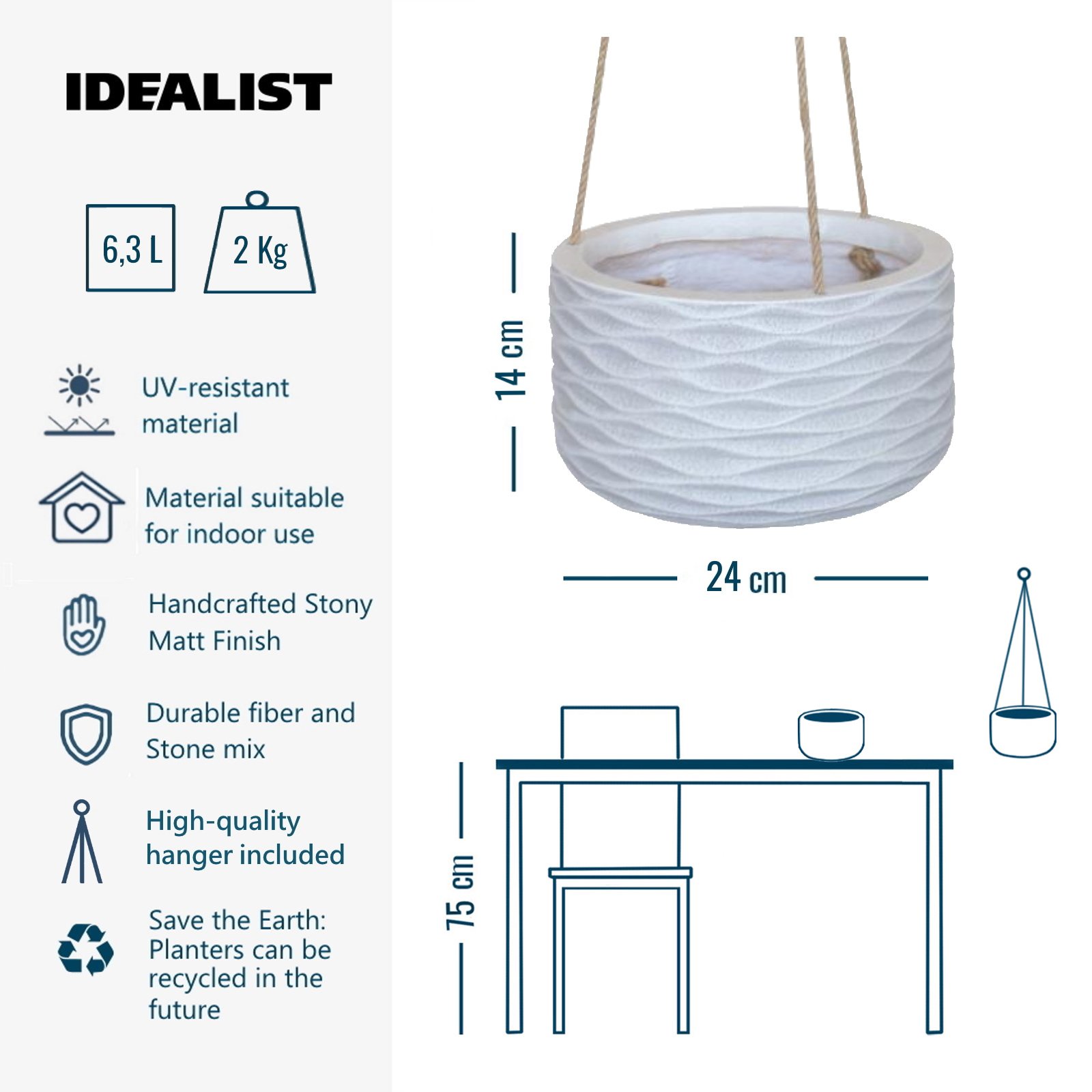 IDEALIST Lite Wave Style Table and Hanging Cylinder Round Plant Pot Dual Use Indoor Planter