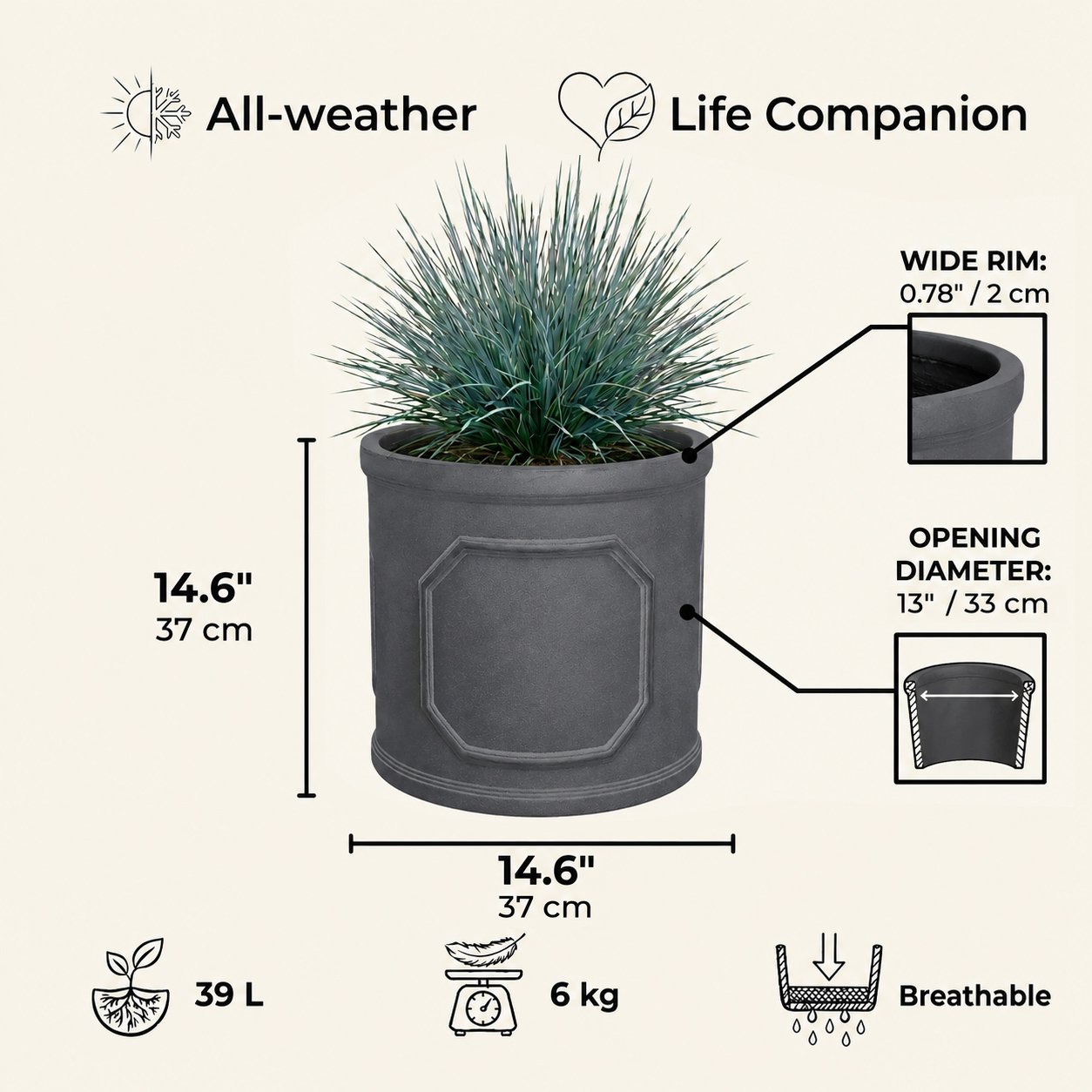 IDEALIST Chelsea Light Concrete Cylinder Garden Planter