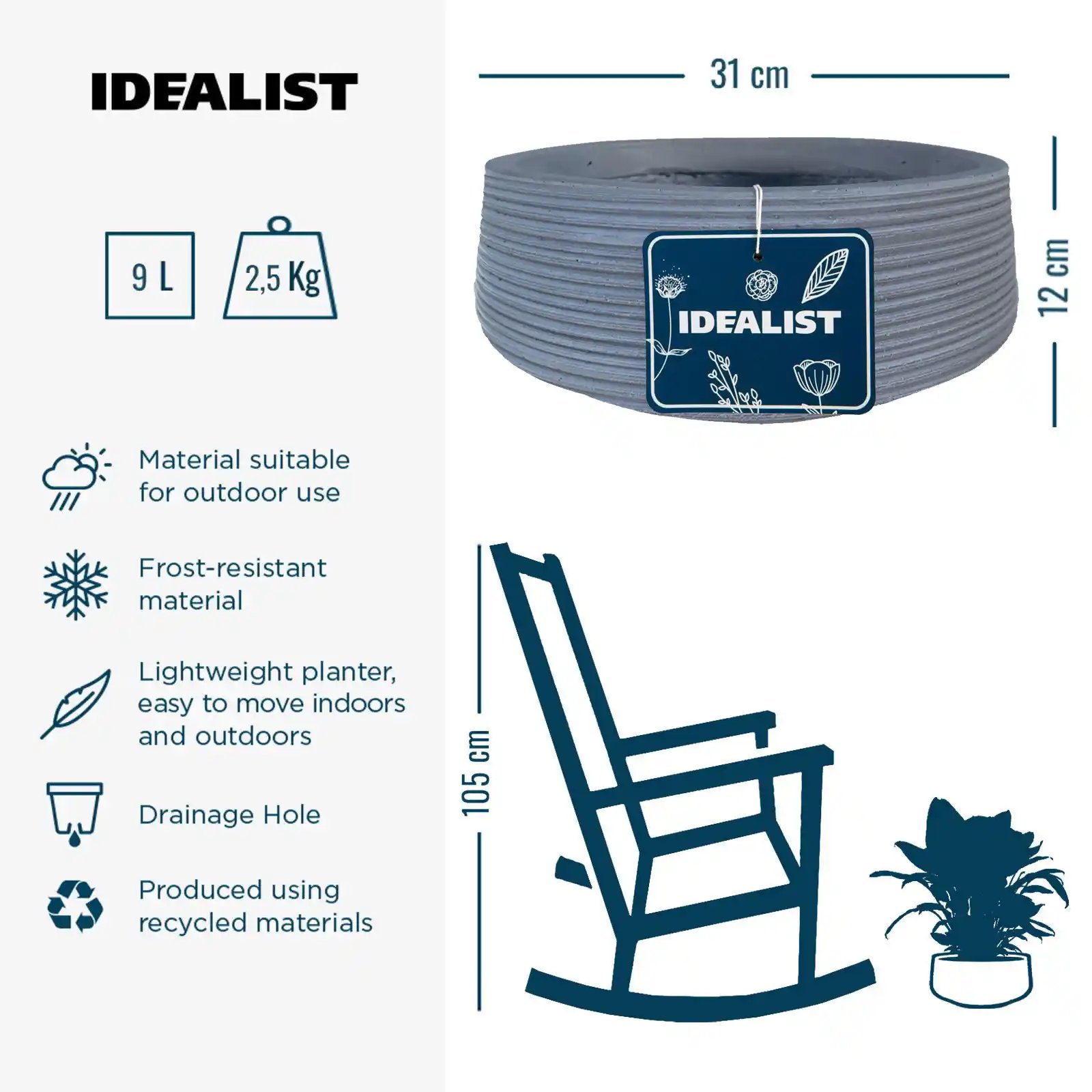IDEALIST Lite Large Ribbed Light Concrete Bowl Planter