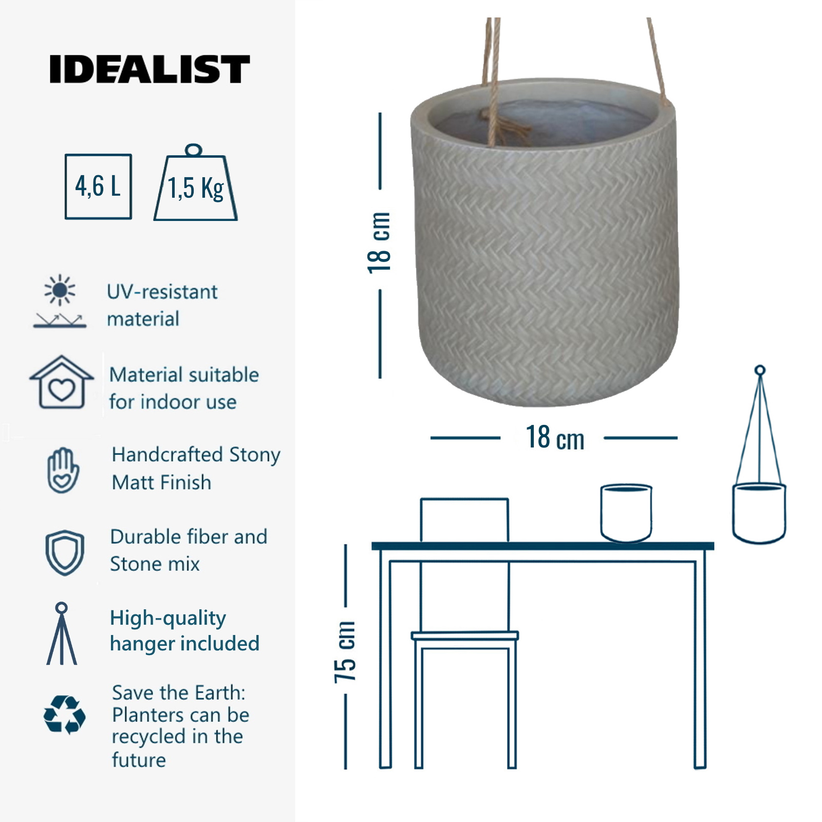 IDEALIST Lite Plaited Style Table and Hanging Cylinder Round Plant Pot Dual Use Indoor Planter