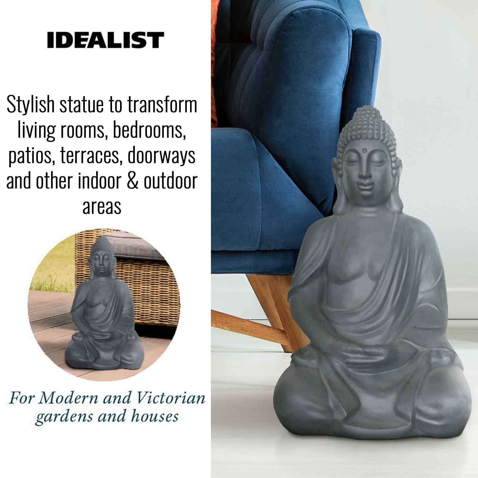 IDEALIST Lite Sitting in Meditation Buddha Grey Indoor and Outdoor Statue L35.5 W26.5 H50.5 cm