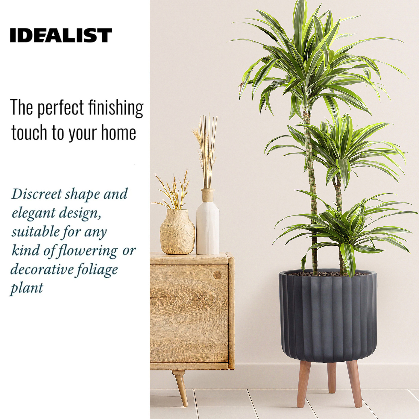 IDEALIST Lite Modern Ribbed Cylinder Planter on Legs, Round Pot Plant Stand Indoor