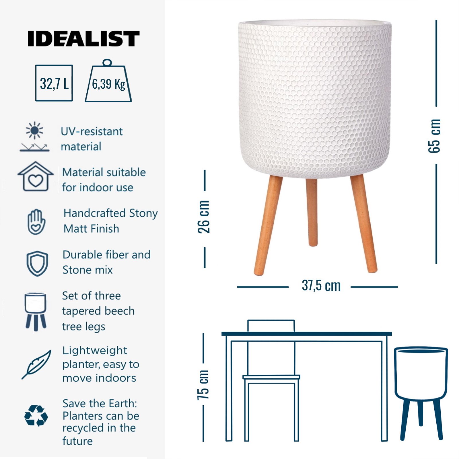 IDEALIST Lite Honeycomb Style Cylinder Planter on Legs, Round Pot Plant Stand Indoor