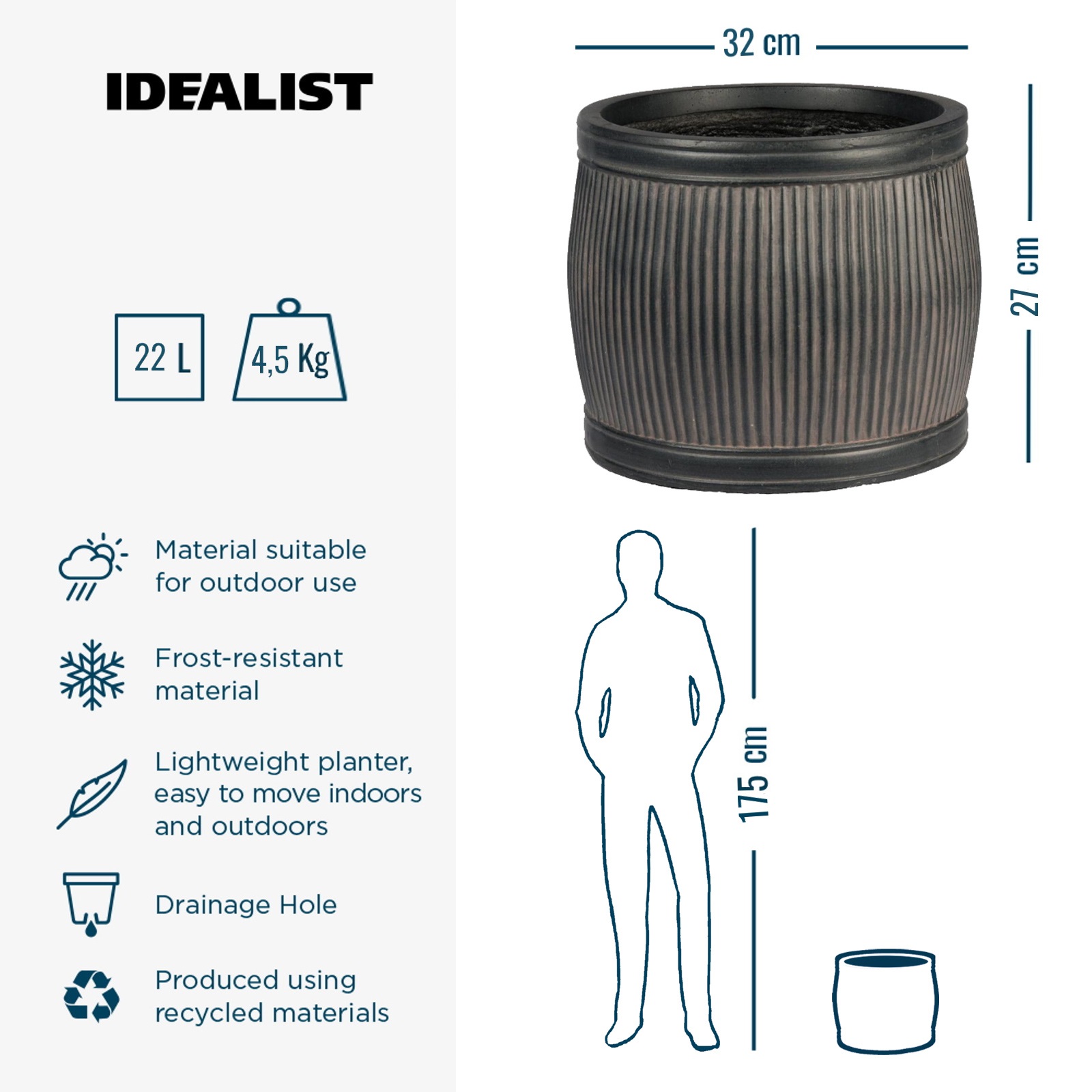 IDEALIST Lite Vertical Ribbed Vintage Style Barrel Round Planter