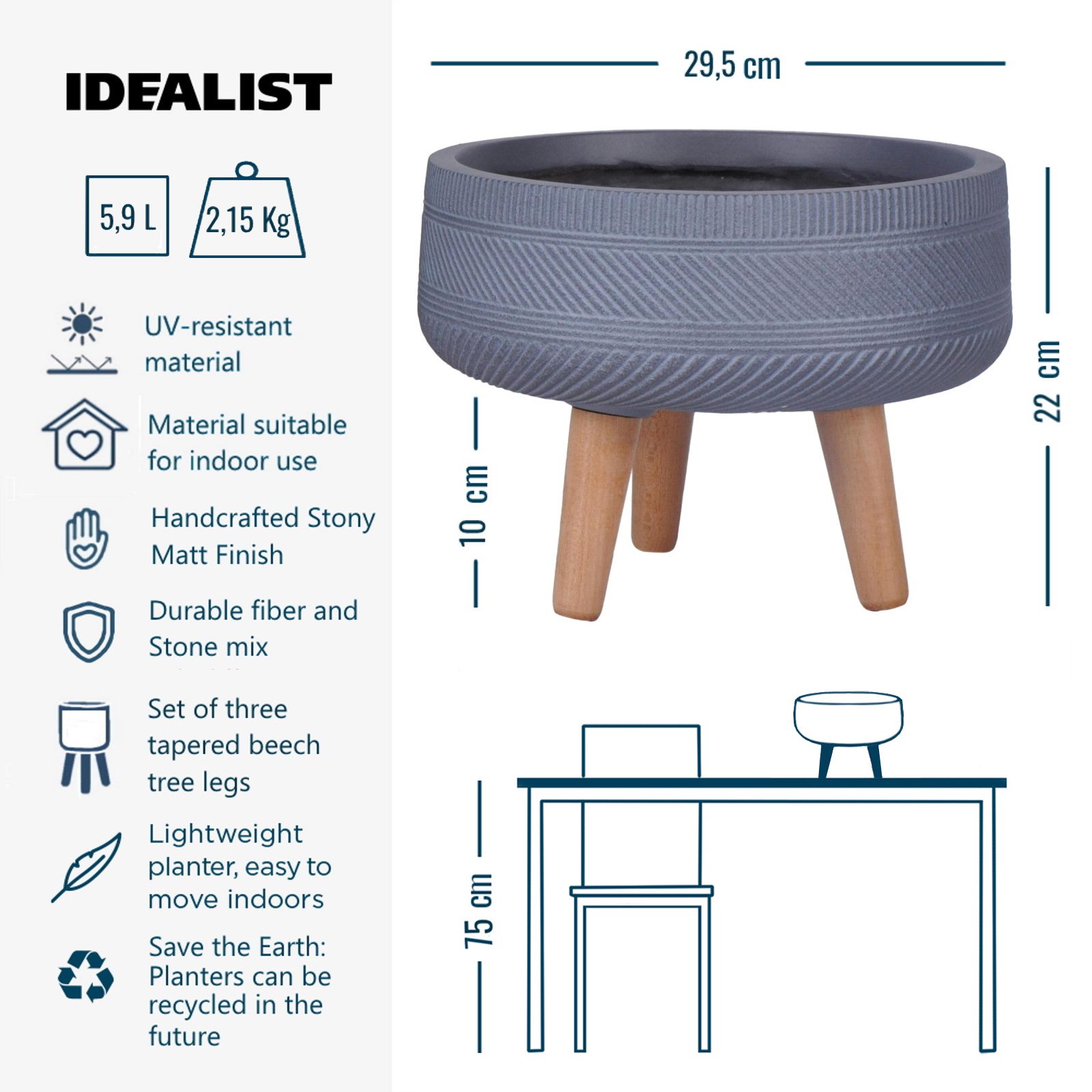 IDEALIST Lite Striped Tray Round Planter on Legs, Round Pot Plant Stand Indoor