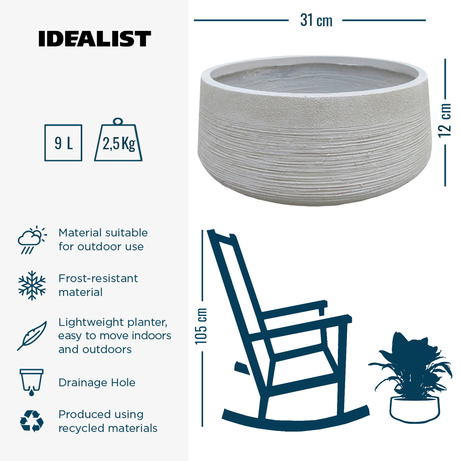 IDEALIST Lite Ribbed Light Concrete Bowl Planter