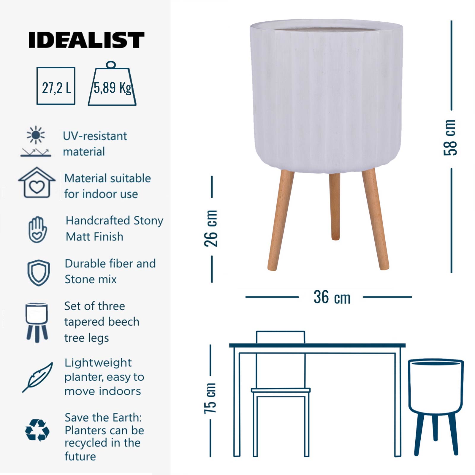 IDEALIST Lite Modern Ribbed Cylinder Planter on Legs, Round Pot Plant Stand Indoor
