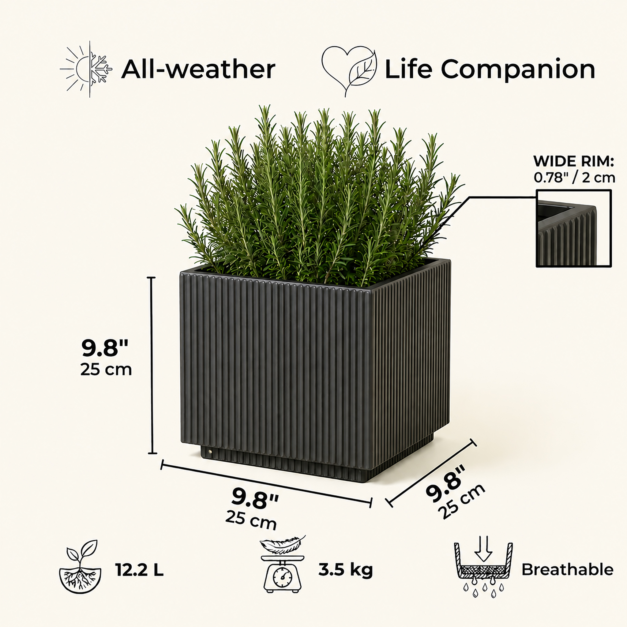 IDEALIST Lite Vertical Ribbed Square Effect Outdoor Planter