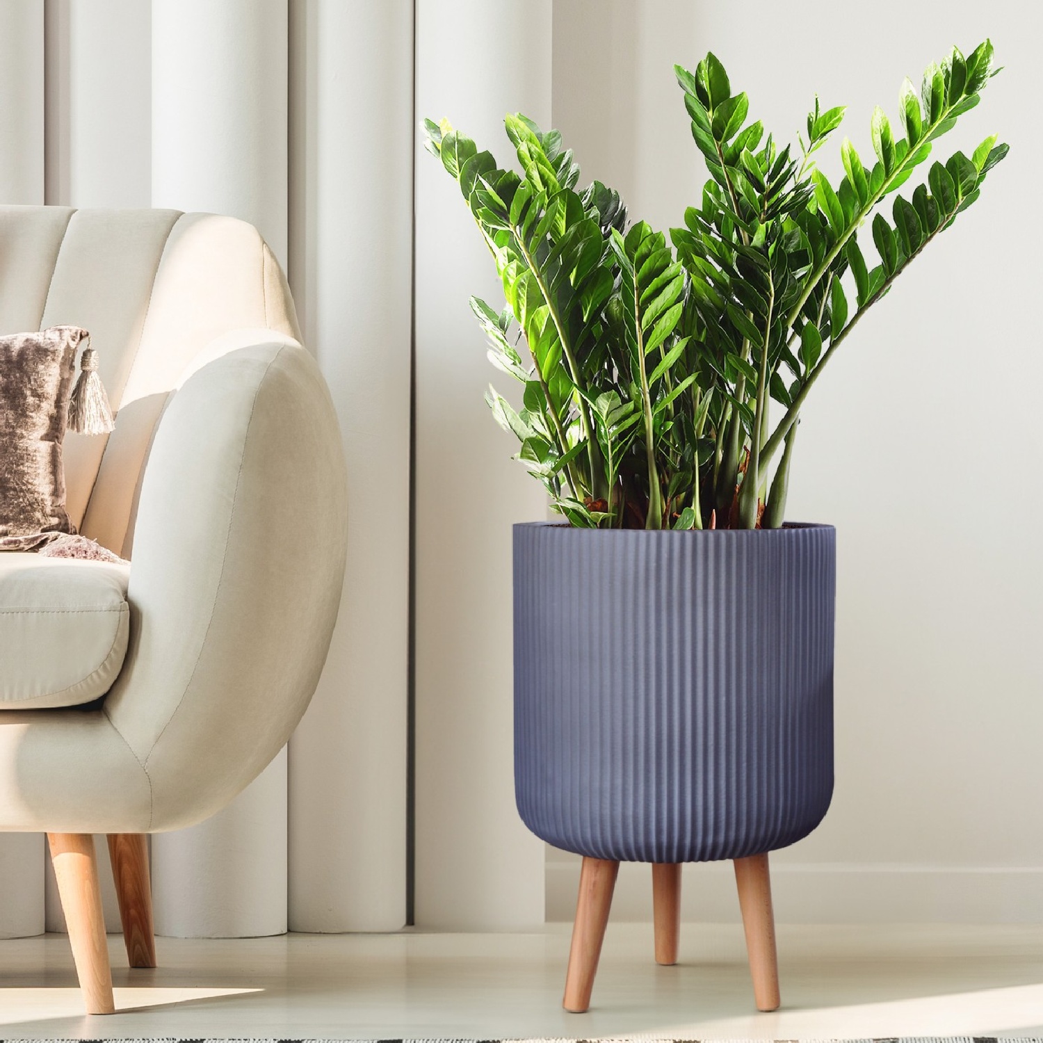 IDEALIST Lite Ribbed Cylinder Planter on Legs, Round Pot Plant Stand Indoor