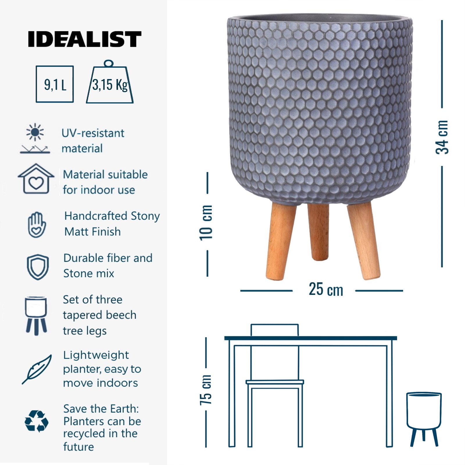 IDEALIST Lite Honeycomb Style Cylinder Planter on Legs, Round Pot Plant Stand Indoor
