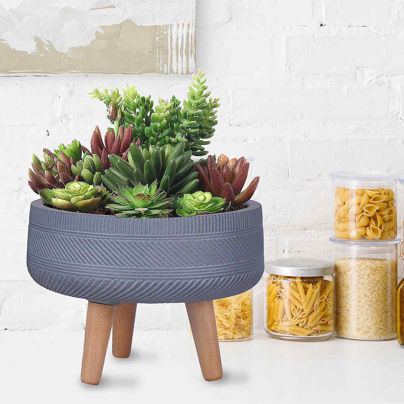 IDEALIST Lite Striped Tray Round Planter on Legs, Round Pot Plant Stand Indoor