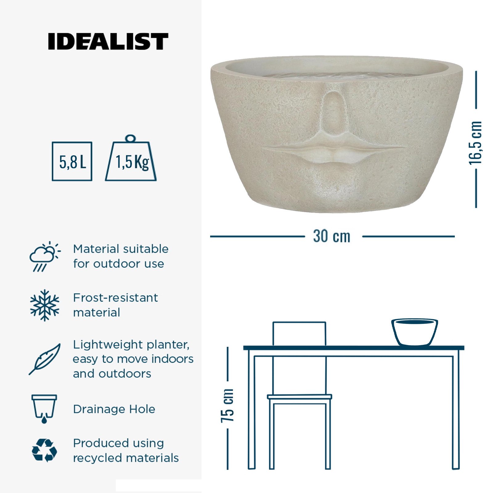 IDEALIST Lite Textured Concrete Effect Oval Face Outdoor Plant Pot with Lips