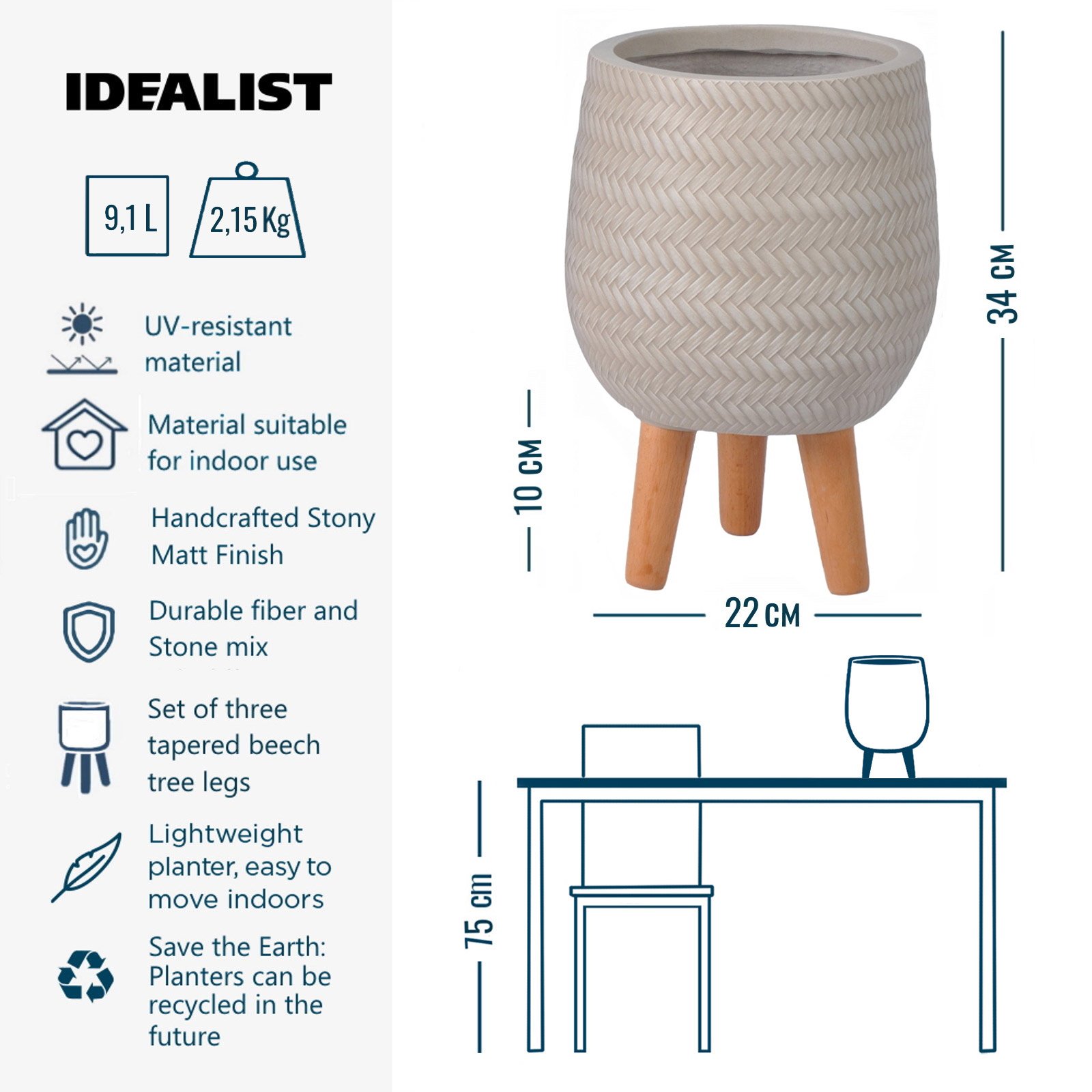 IDEALIST Lite Plaited Style Egg Planter on Legs, Round Pot Plant Stand Indoor
