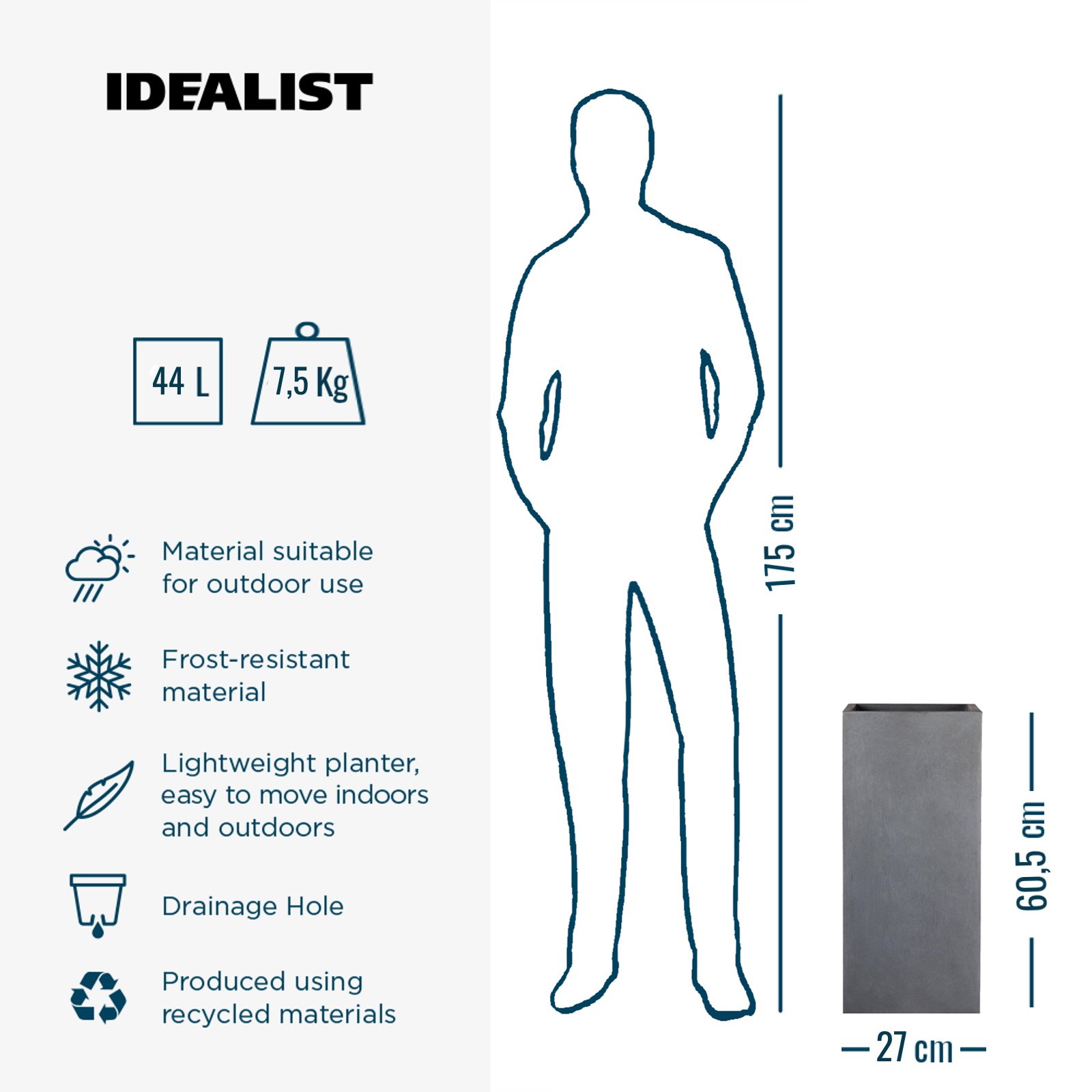 IDEALIST Lite Tall Square Contemporary Light Concrete Planter