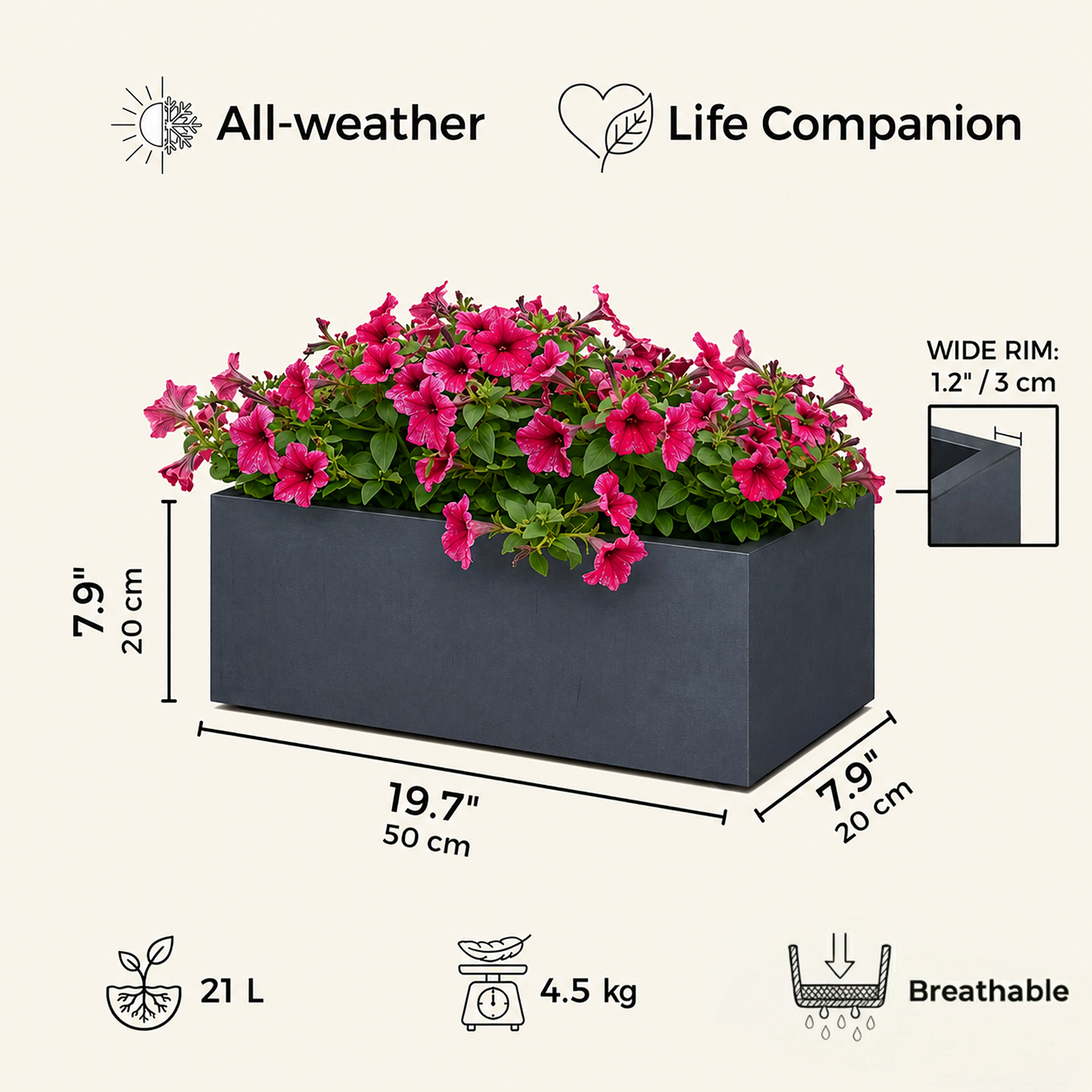 IDEALIST Lite Contemporary Light Concrete Trough Planter