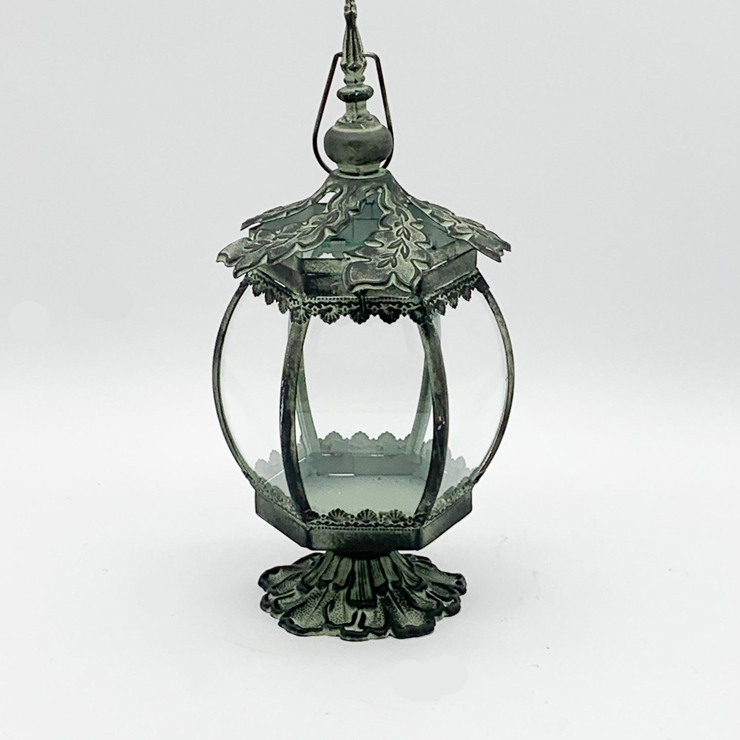 Round Metal Leaf Pattern Garden Dark Silver Lantern by Minster