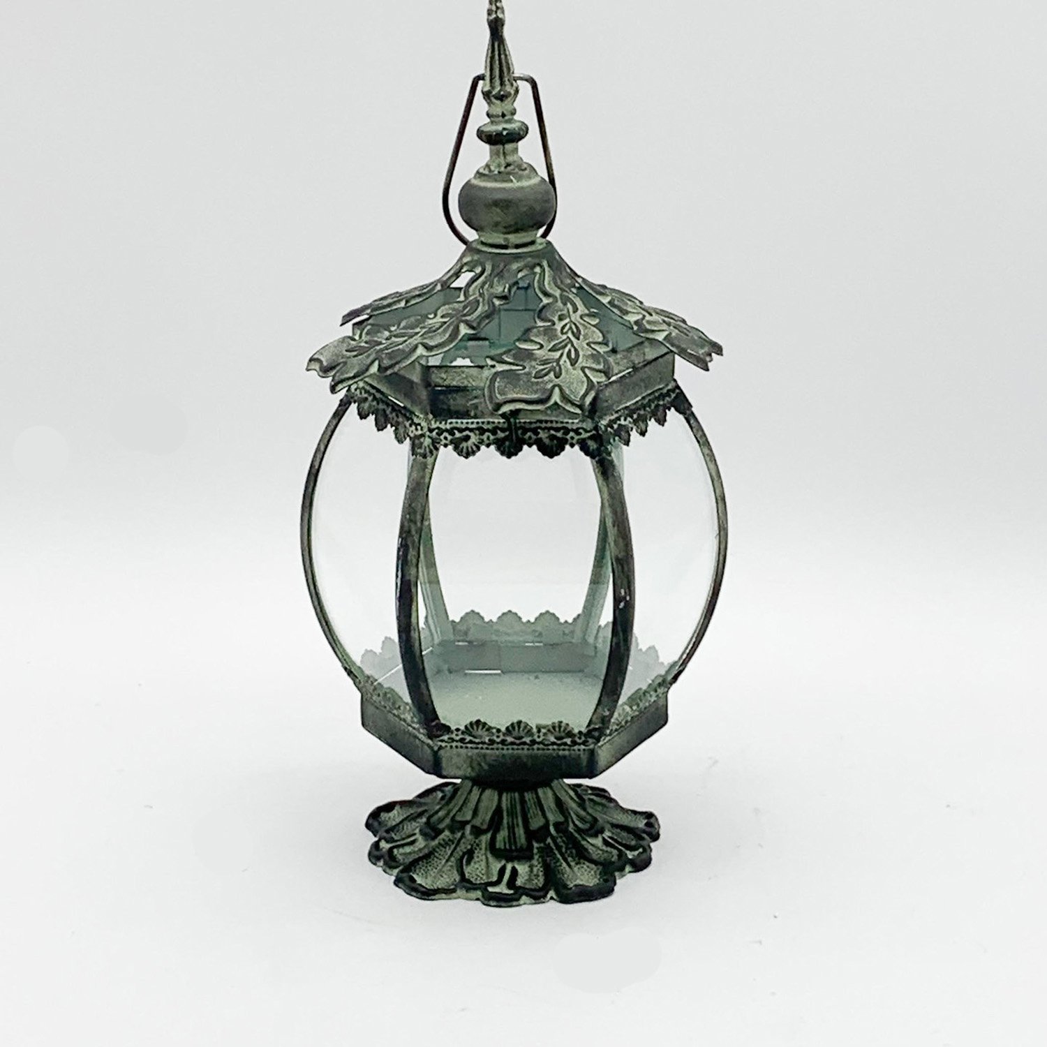 Round Metal Leaf Pattern Garden Dark Silver Lantern by Minster