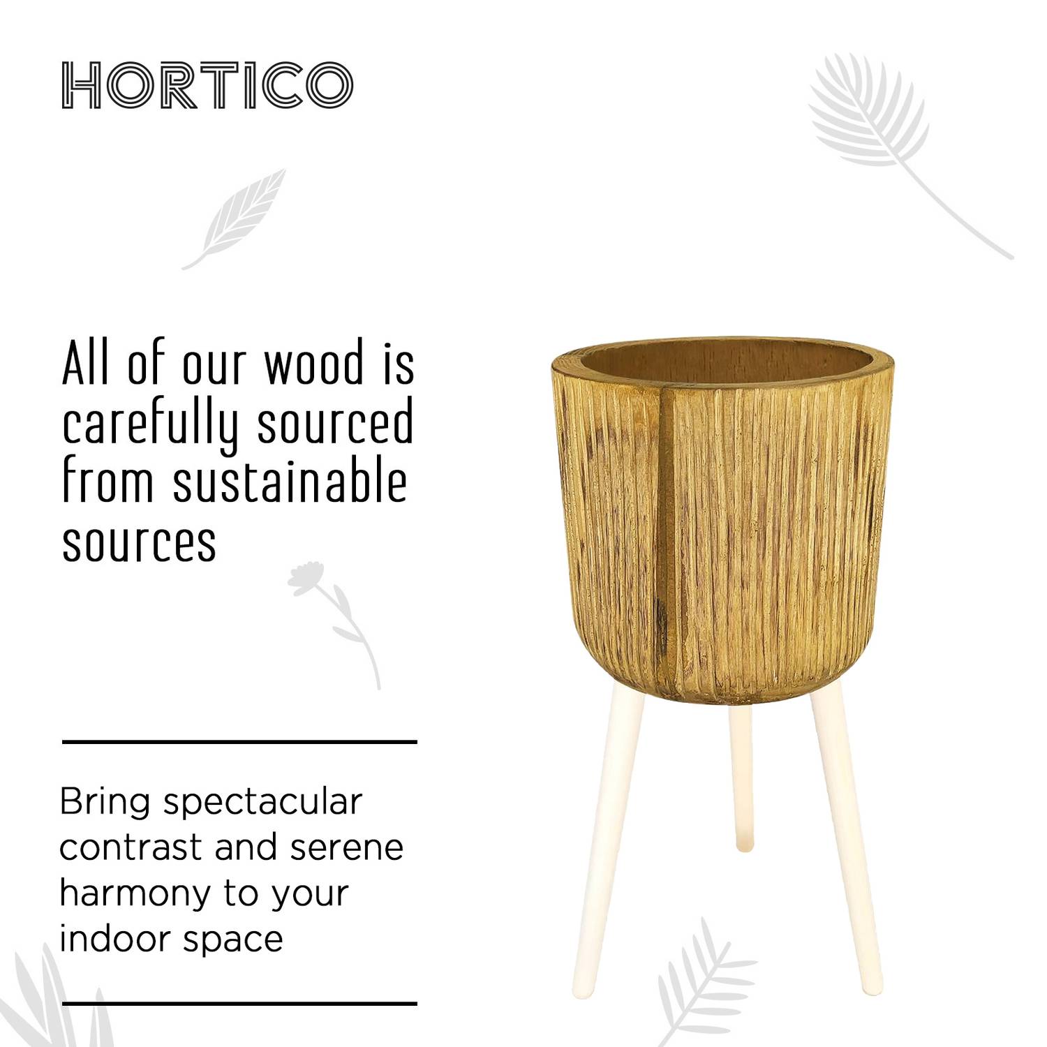 HORTICO RIBBED Wooden House Planter with Legs, Tall Indoor Plant Pot Stand with Waterproof Liner