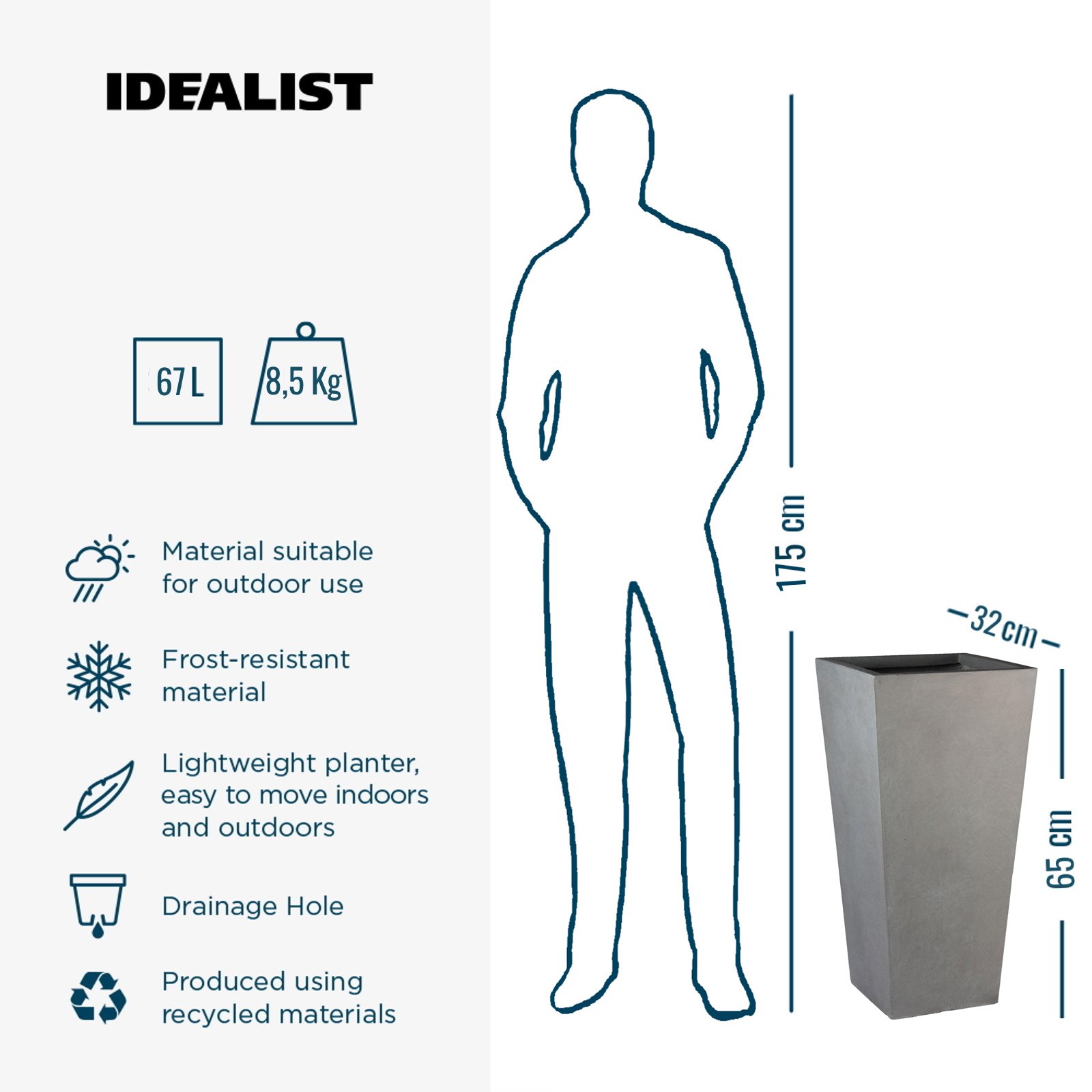 IDEALIST Lite Tall Tapered Contemporary Light Concrete Planter