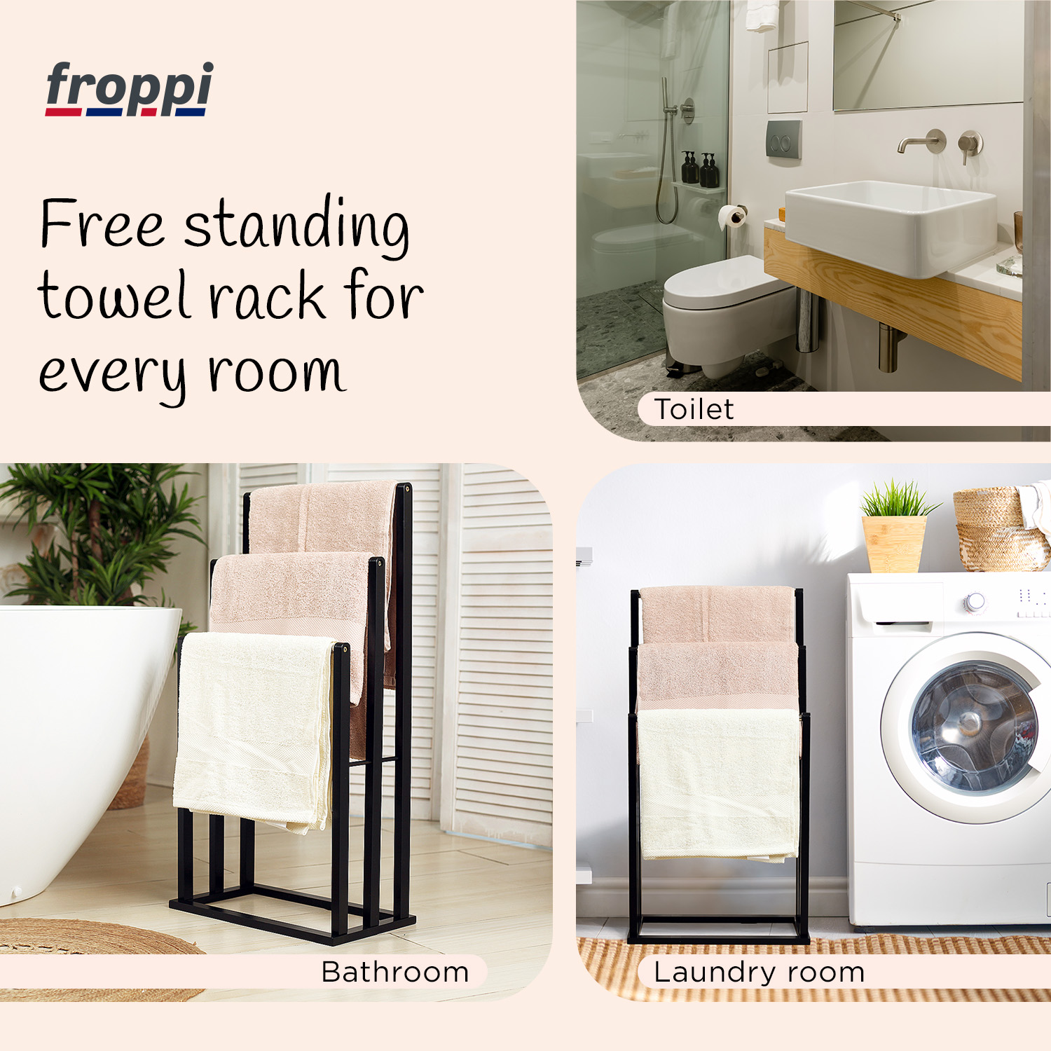 Froppi Bamboo Free Standing Towel Rack, Wooden Towel Holder and Ladder with 3 Bars