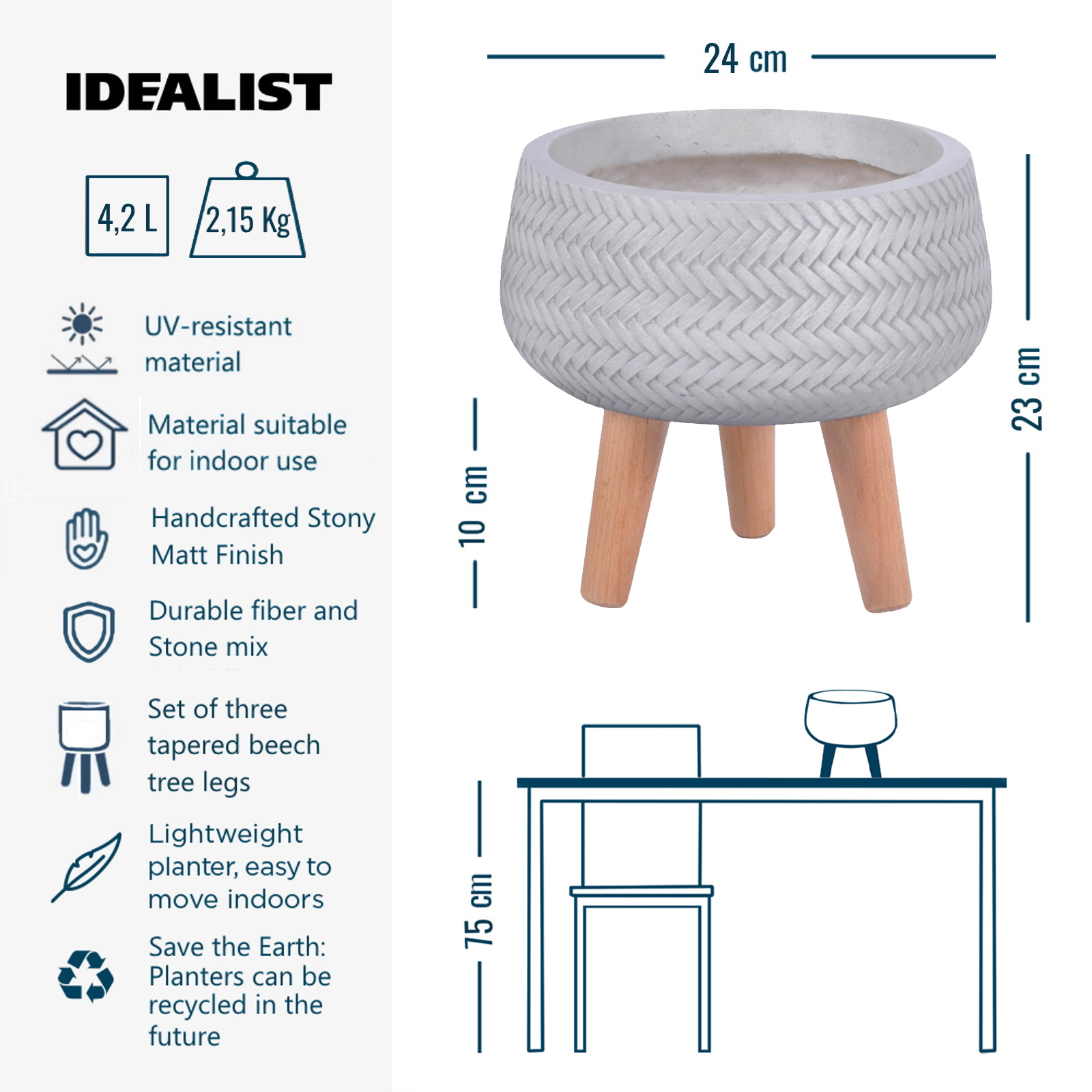 IDEALIST Lite Plaited Style Bowl Planter on Legs, Round Pot Plant Stand Indoor