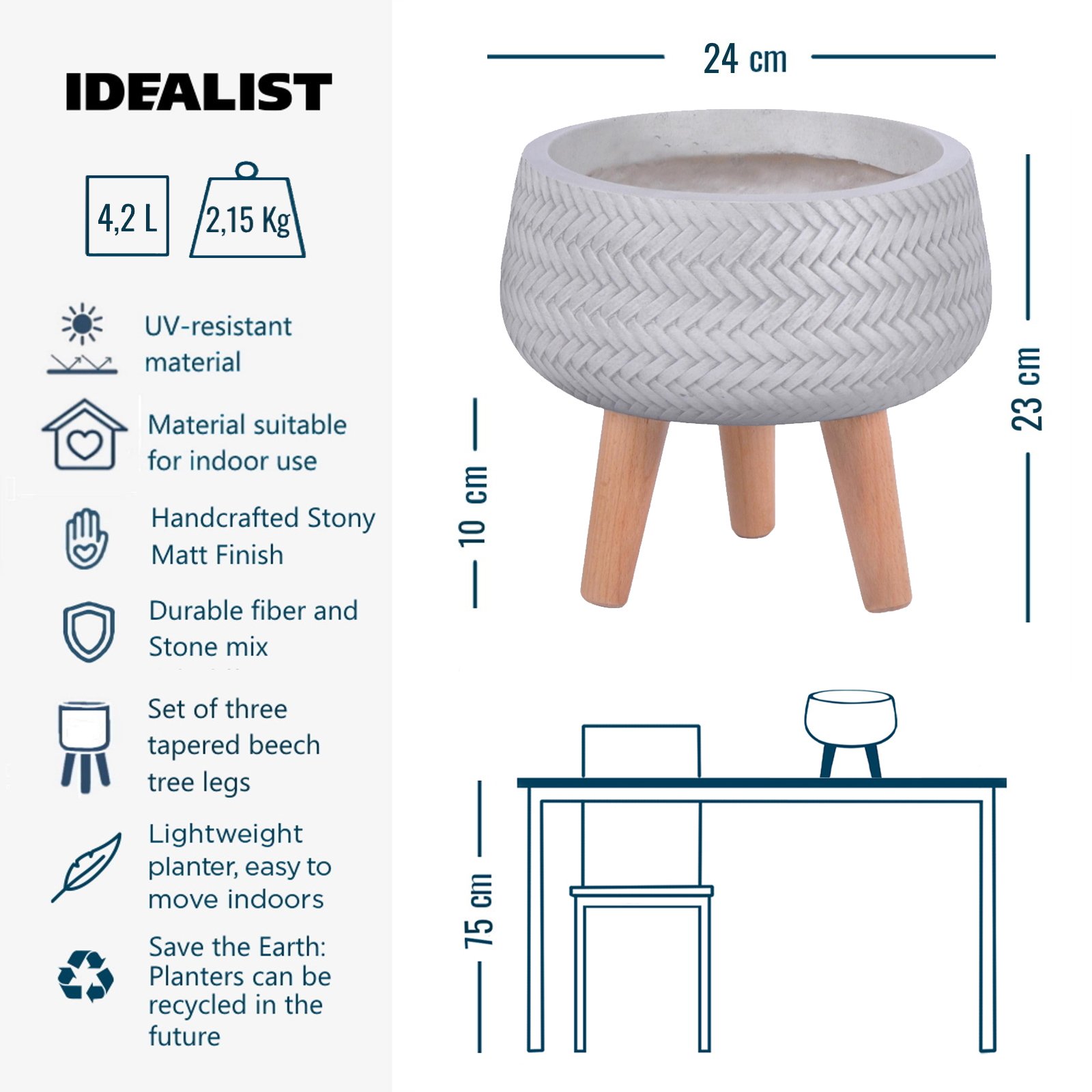 IDEALIST Lite Plaited Style Bowl Planter on Legs, Round Pot Plant Stand Indoor